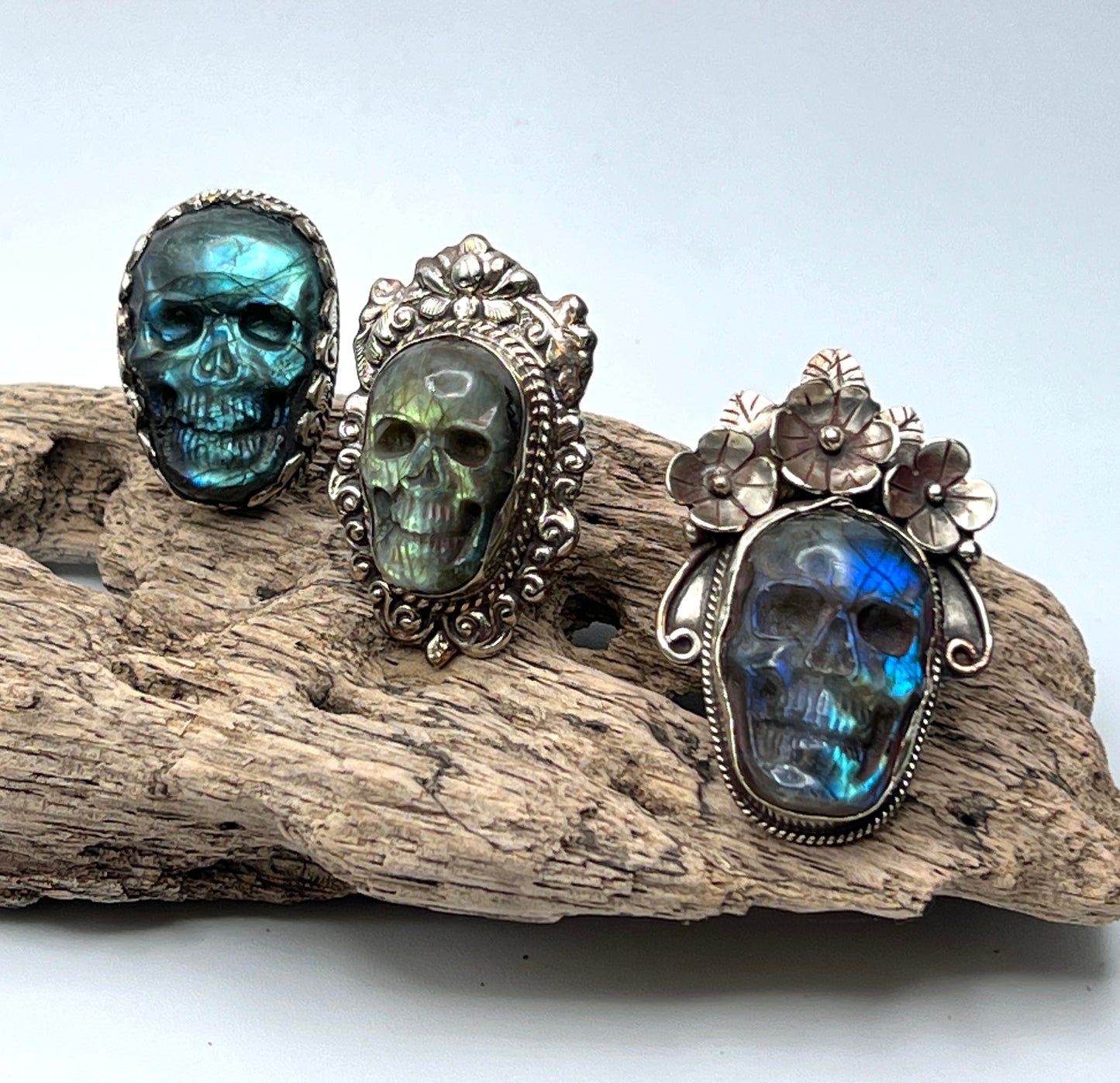 Carved Labradorite Skull Rings