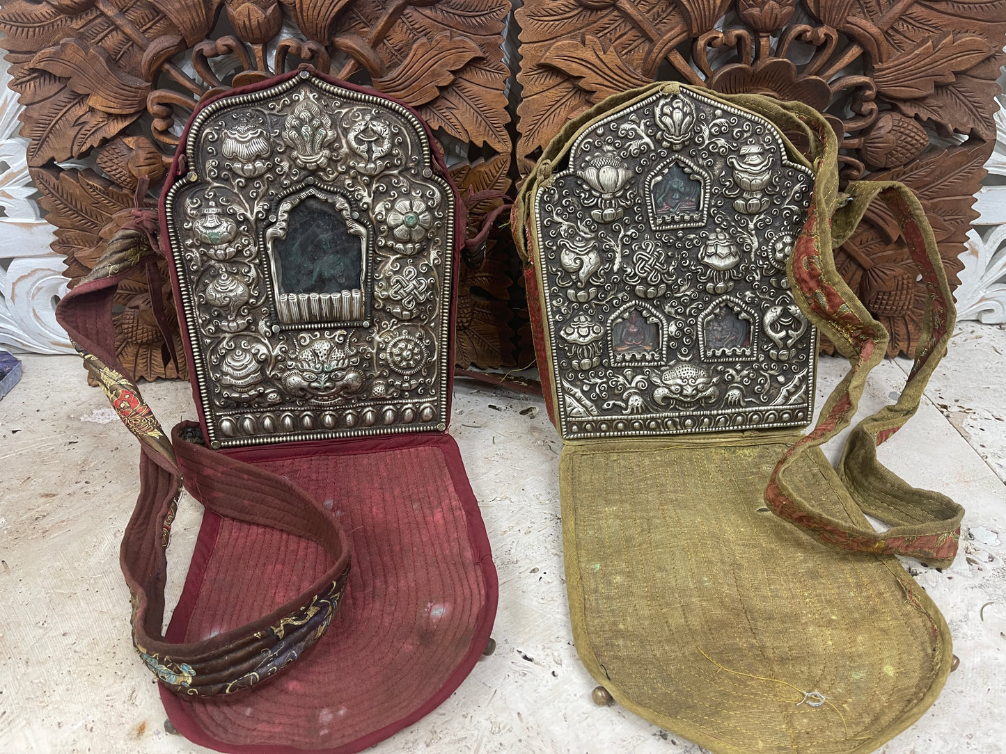 Antique Traveling Altar Boxes from Tibet- With Buddha or Tara- One of a kind