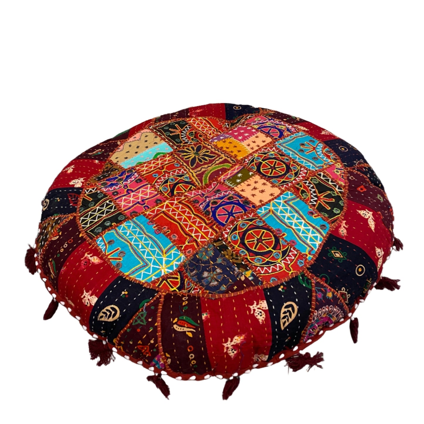 Large Round Embroidered Rajasthani Patchwork Floor Pillows