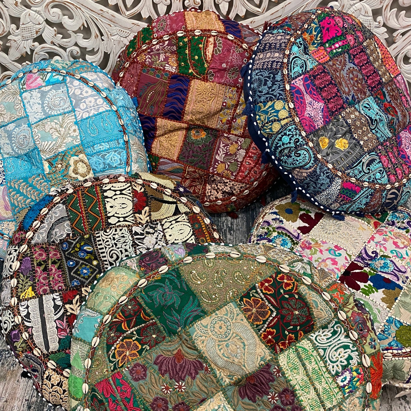 Large Round Embroidered Rajasthani Patchwork Floor Pillows