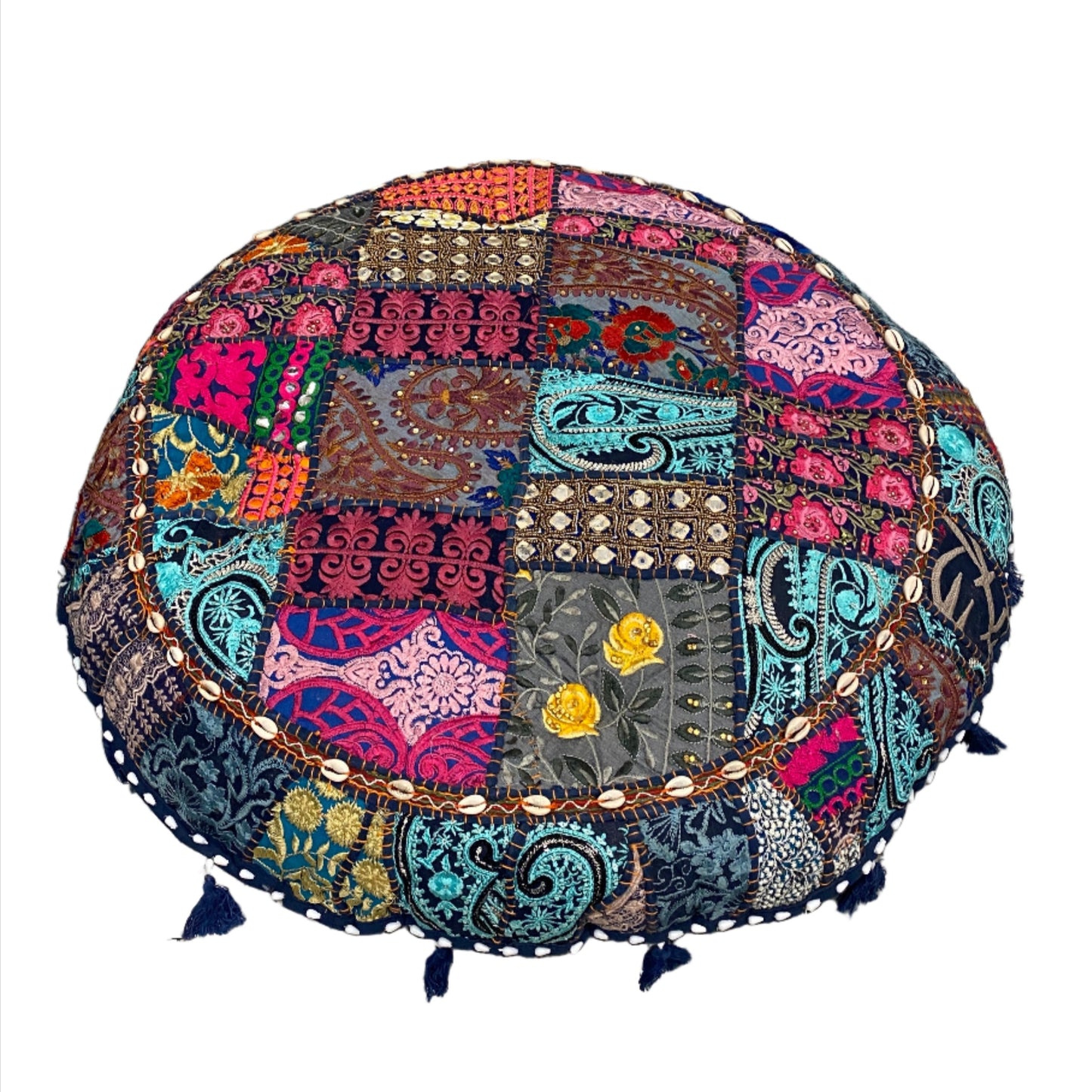 Large Round Embroidered Rajasthani Patchwork Floor Pillows