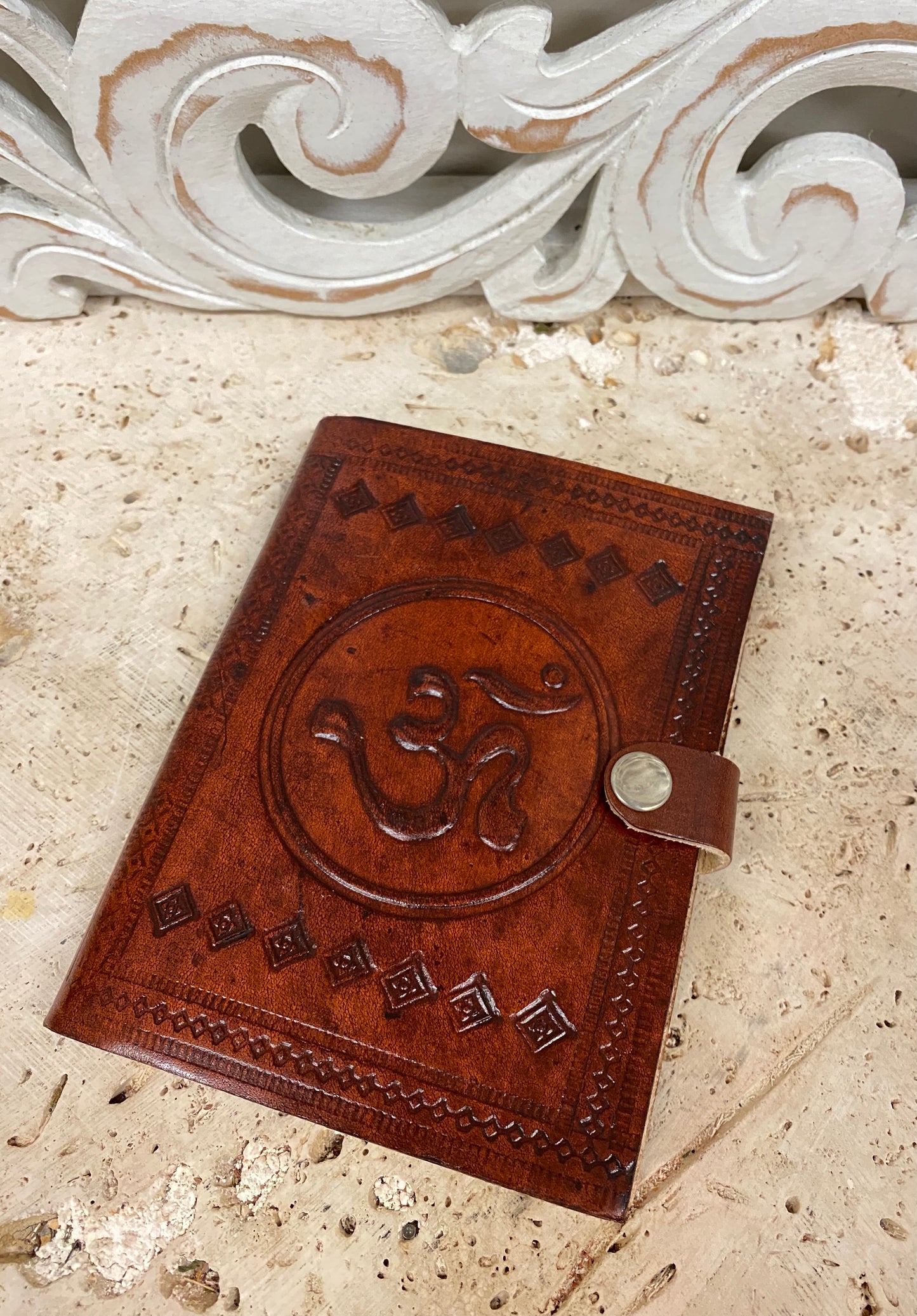Hand Embossed Camel leather Journal with button close - Available in 7 Designs 4.5" x 6