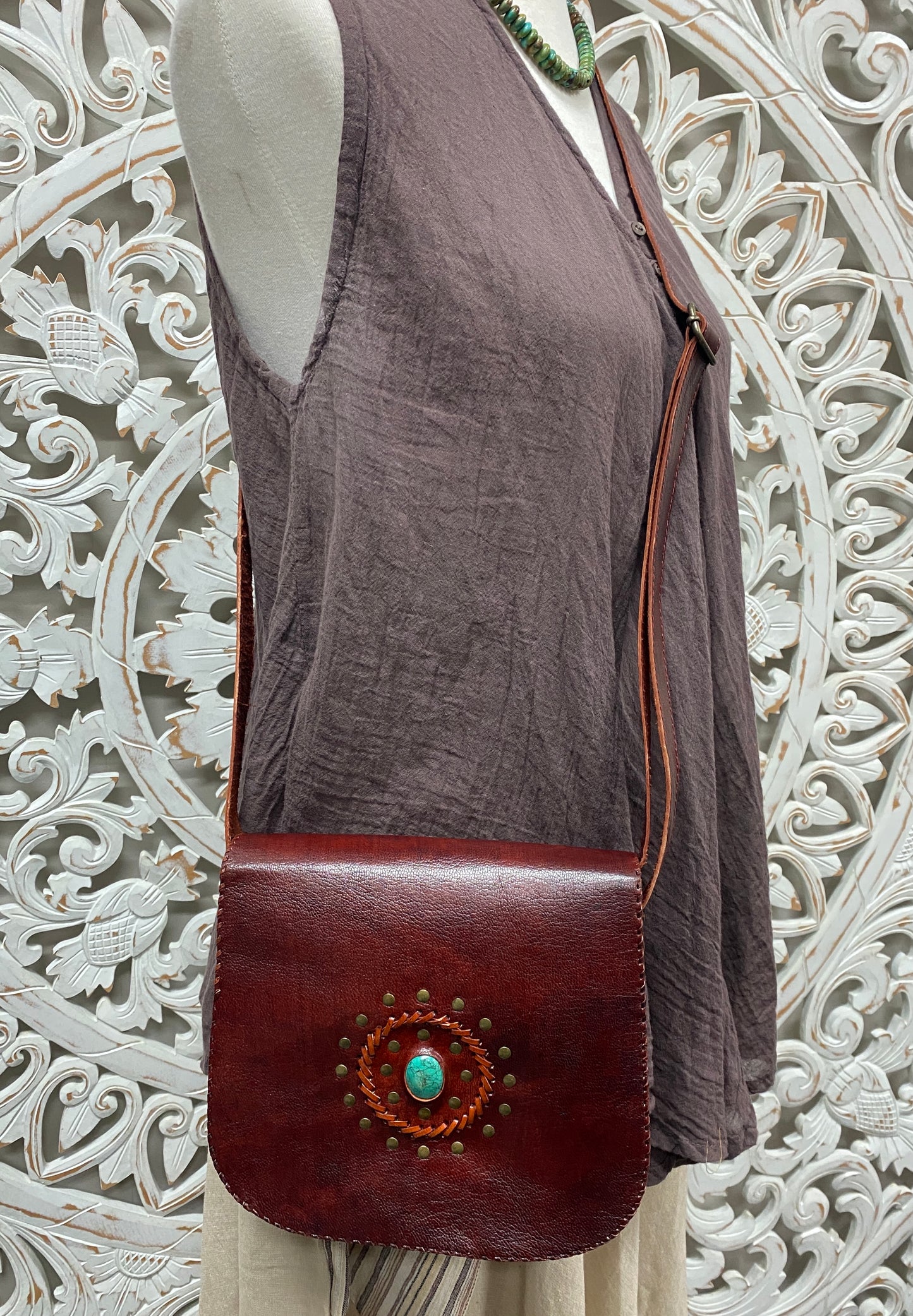 Hand Made Camel Leather Round bottom purse with Gemstones 3 Pockets! 9" x 7”