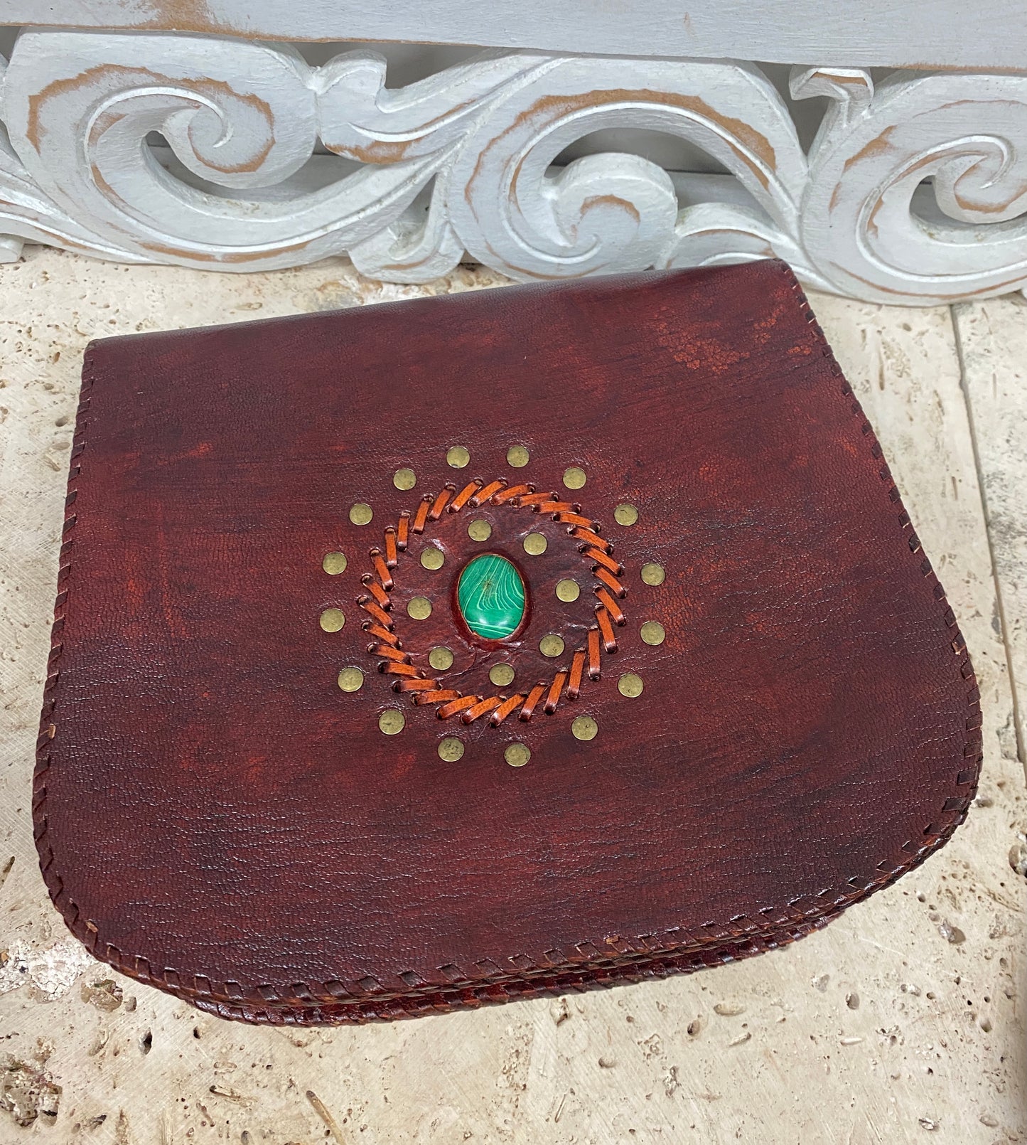 Camel Leather Round Purse with Gemstones 9" x 7”