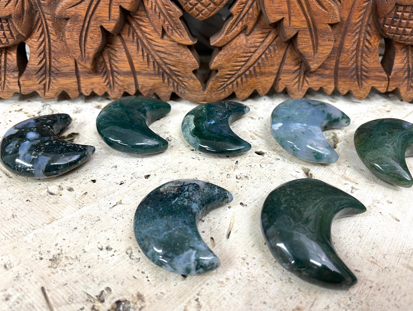 Hand carved Moss Agate Crescent Moons