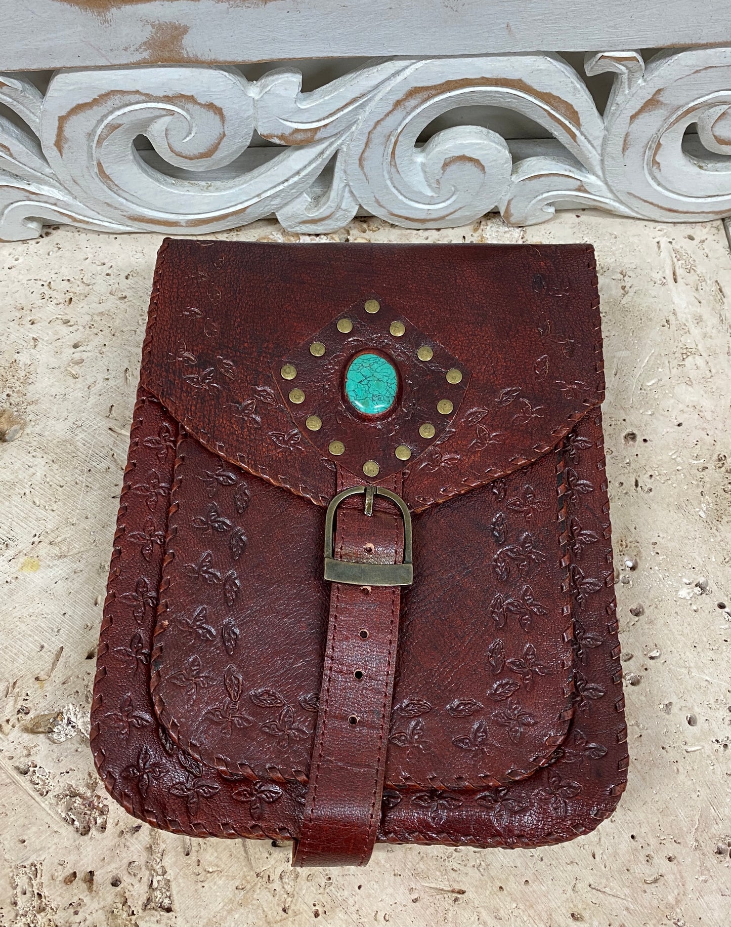 Camel Leather Purse with Gemstones 9" x 7"