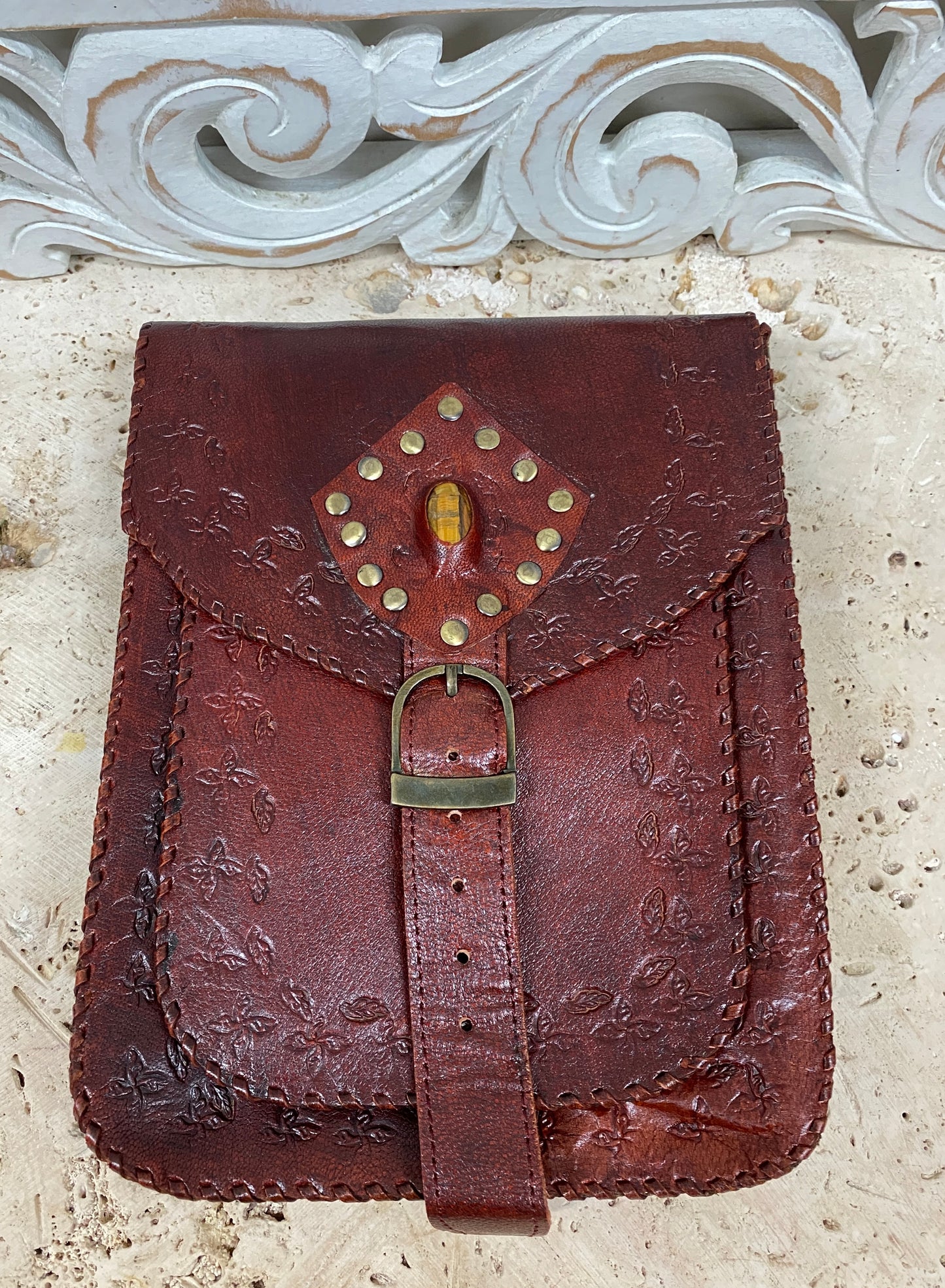 Camel Leather Purse with Gemstones 9" x 7"