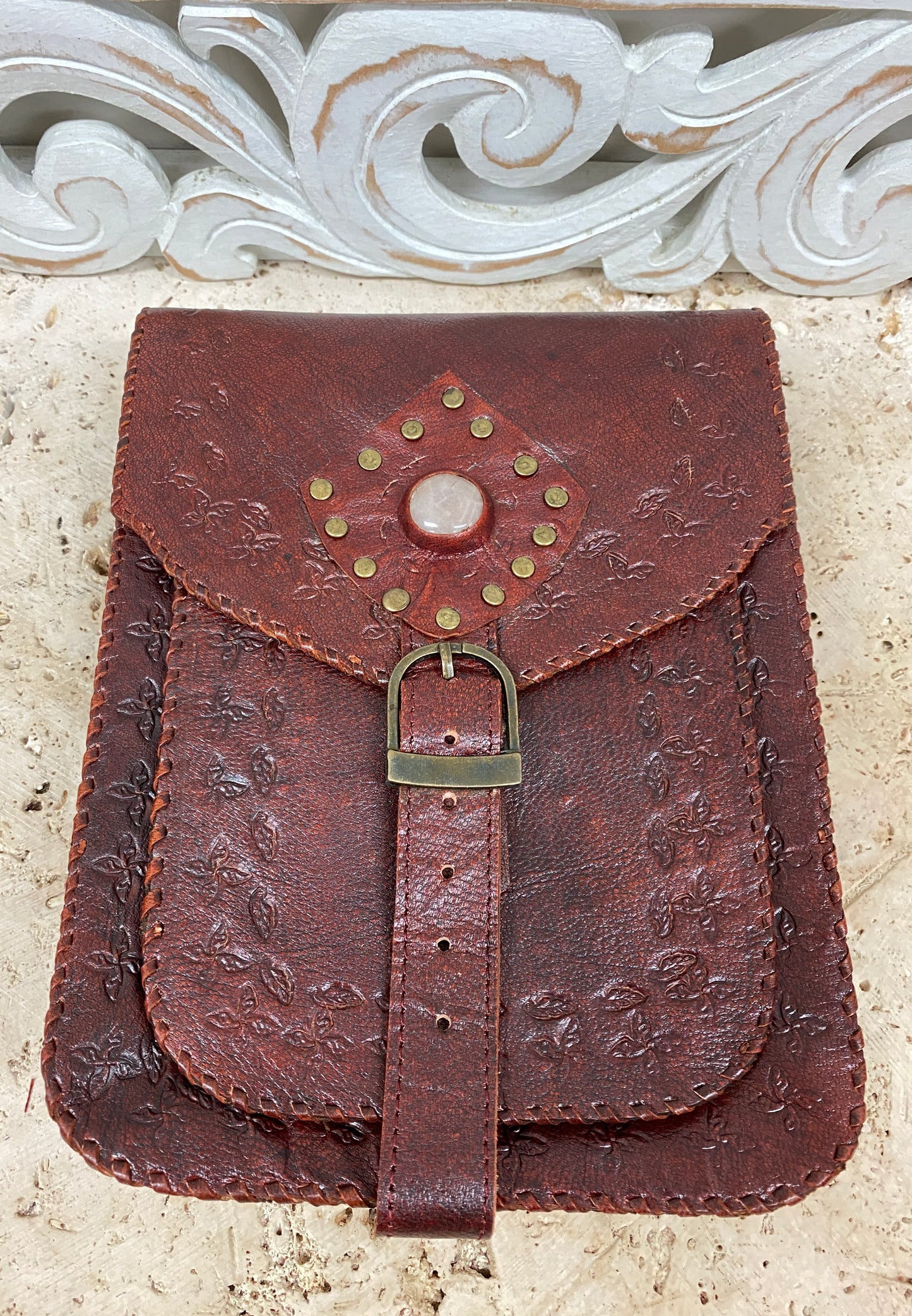 Camel Leather Purse with Gemstones 9" x 7"