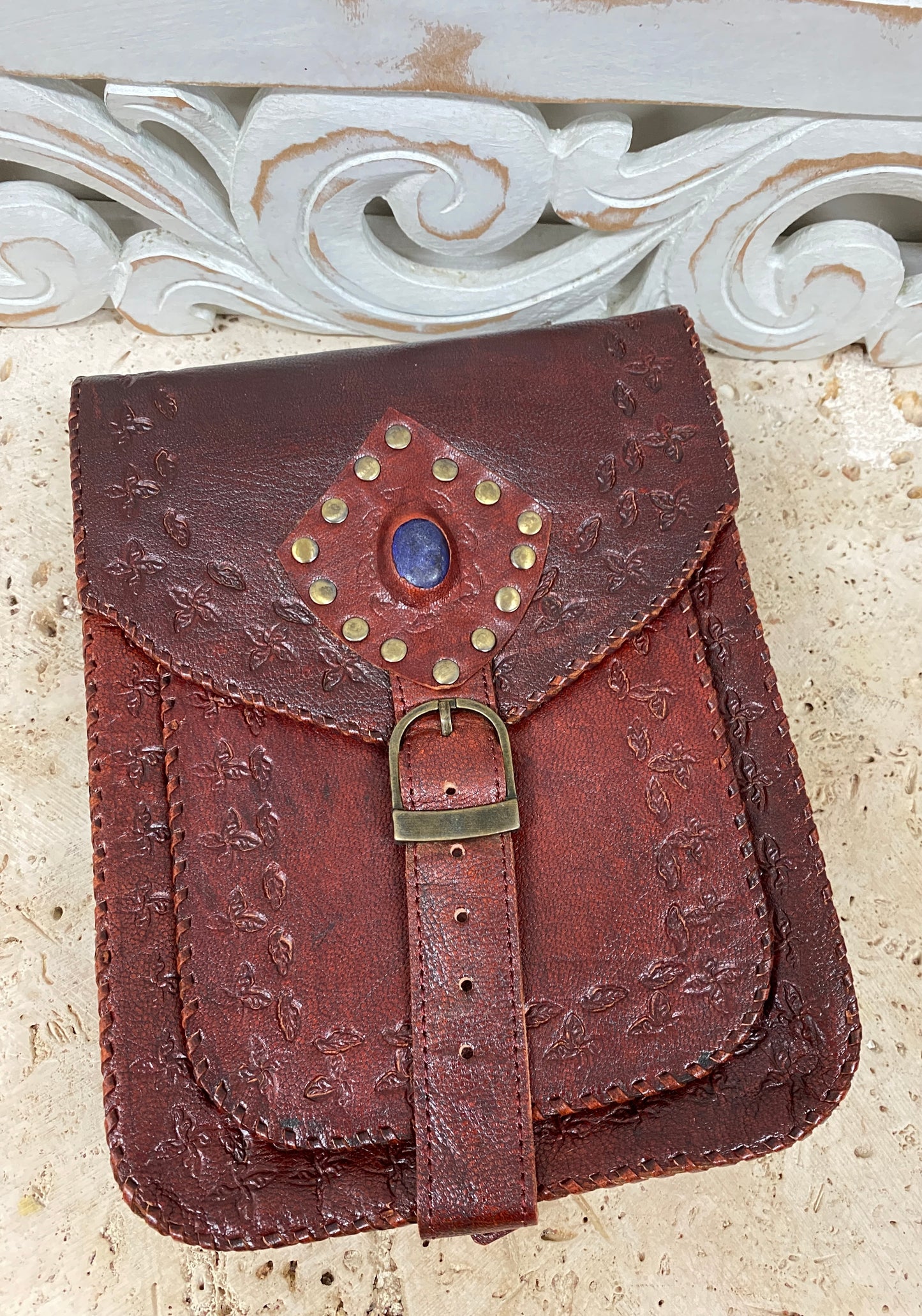 Camel Leather Purse with Gemstones 9" x 7"