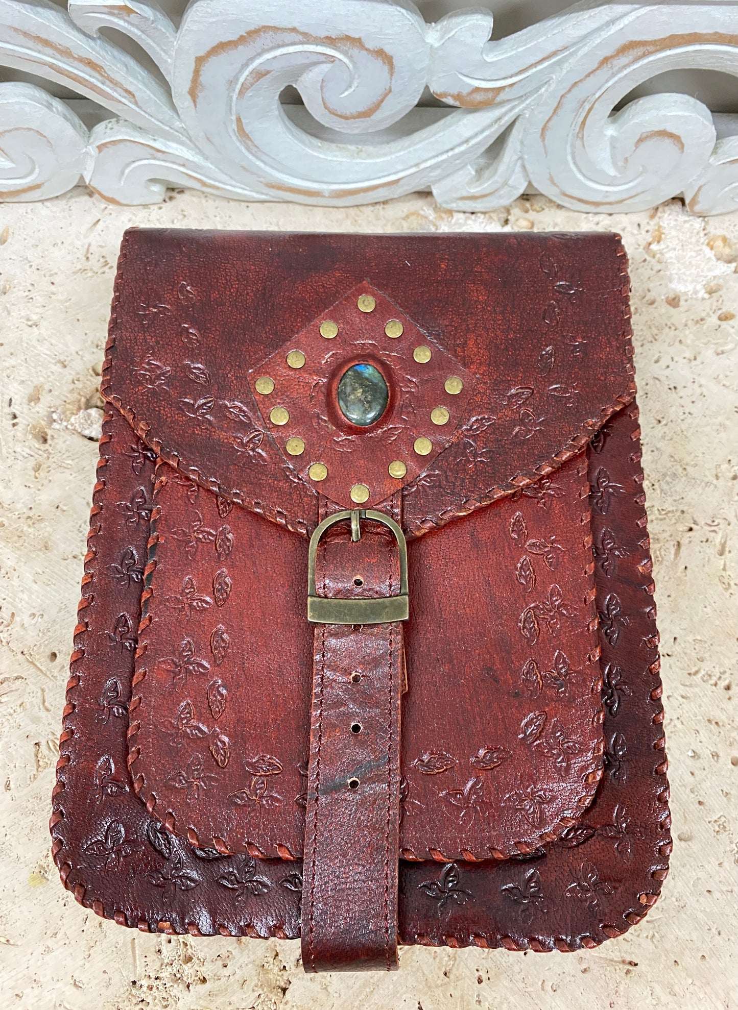 Camel Leather Purse with Gemstones 9" x 7"