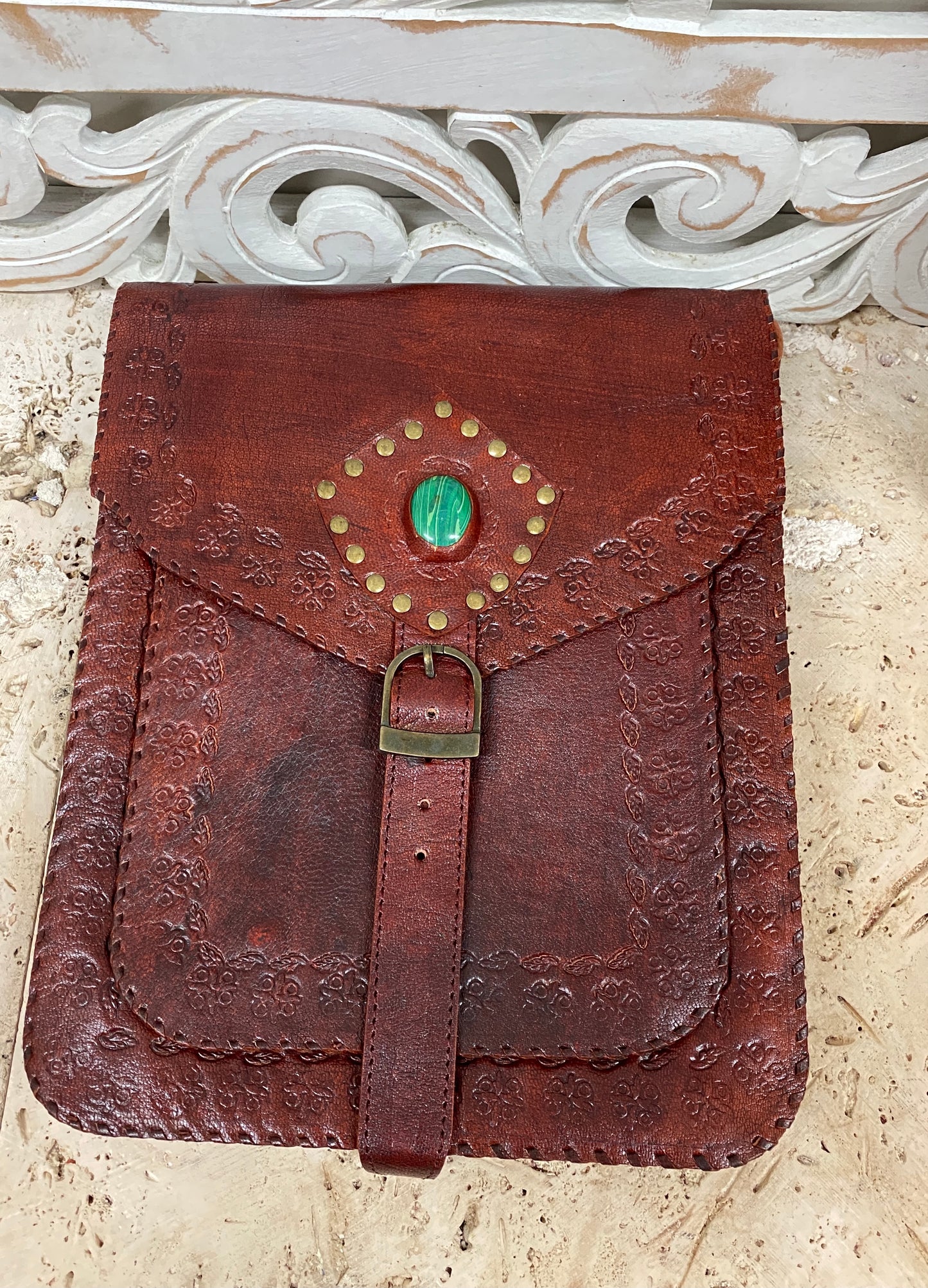 Camel Leather Purse with Gemstones 11" x 9"