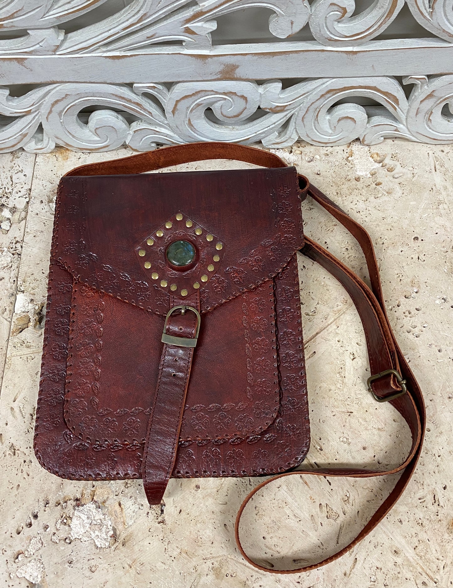 Camel Leather Purse with Gemstones 11" x 9"
