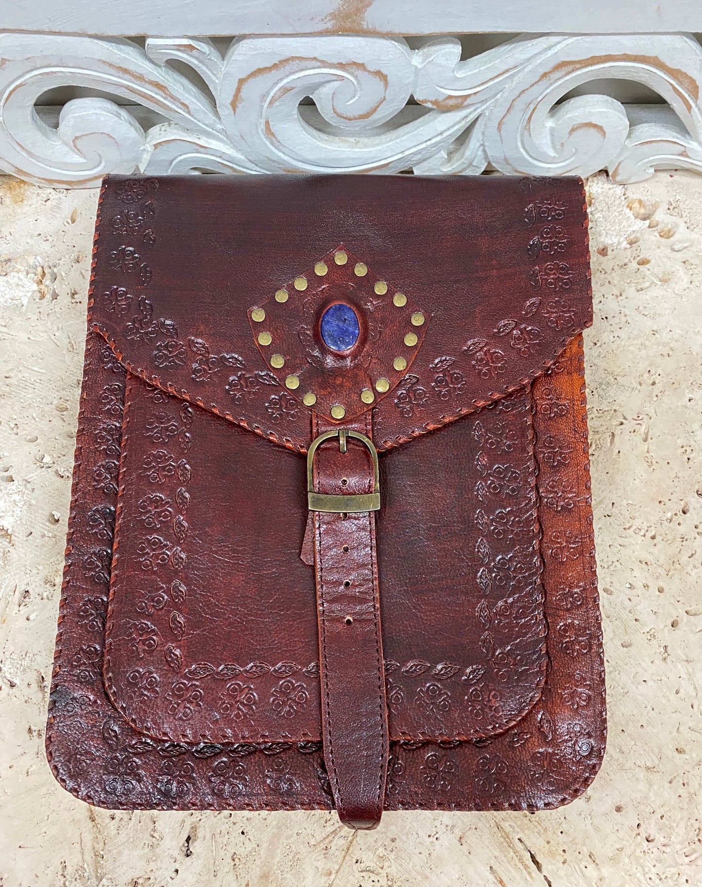 Camel Leather Purse with Gemstones 11" x 9"