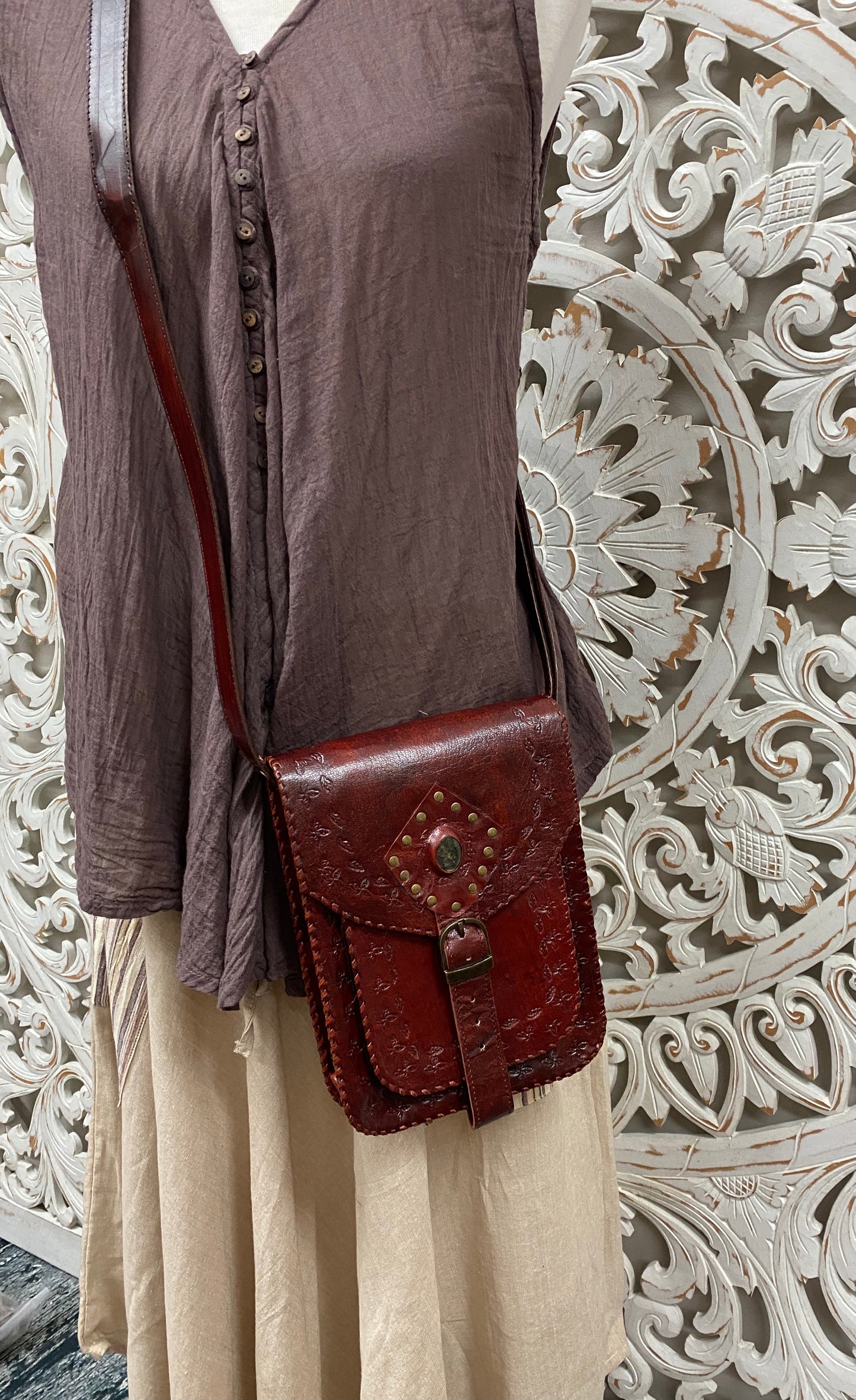 Camel Leather Purse with Gemstones 9" x 7"