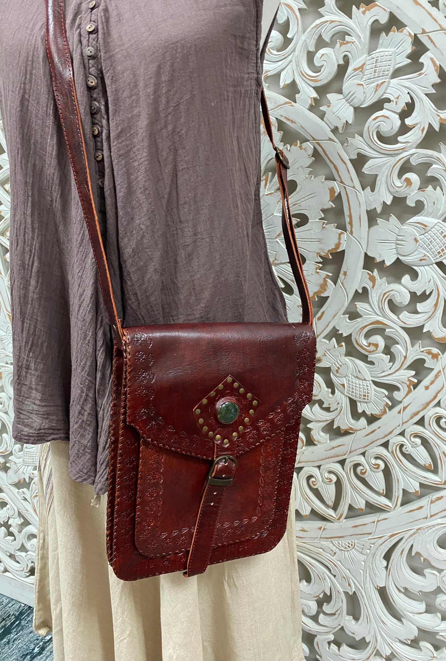 Camel Leather Purse with Gemstones 11" x 9"