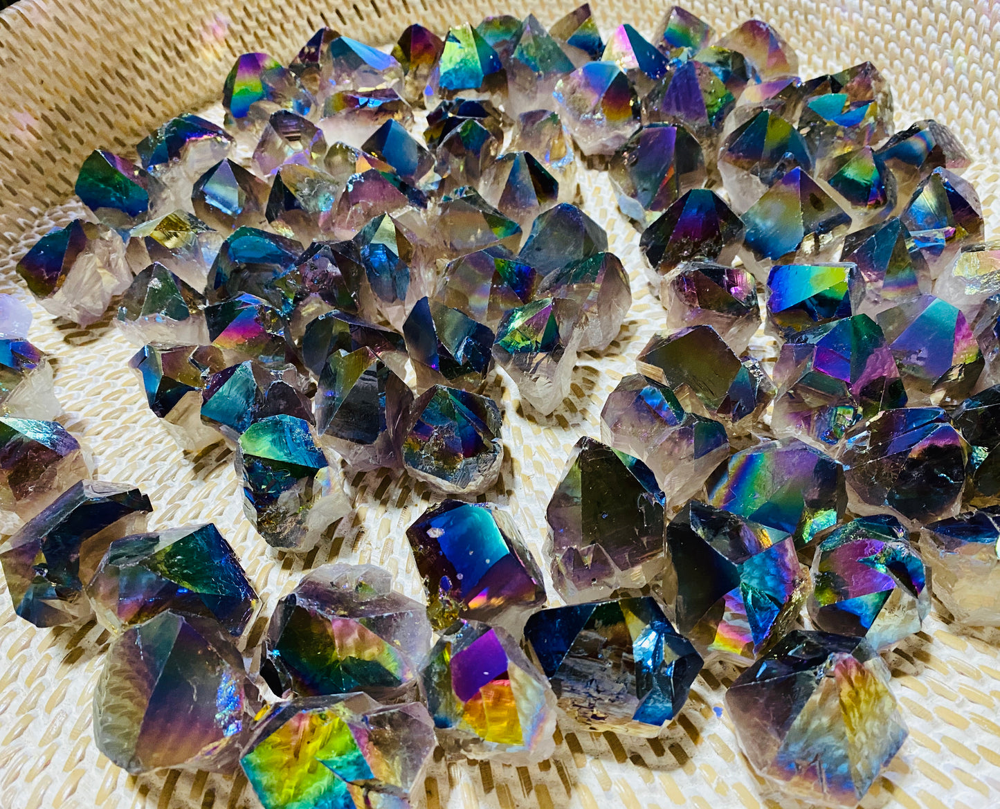 Rainbow Aura Quartz Crystal Base Cut Points