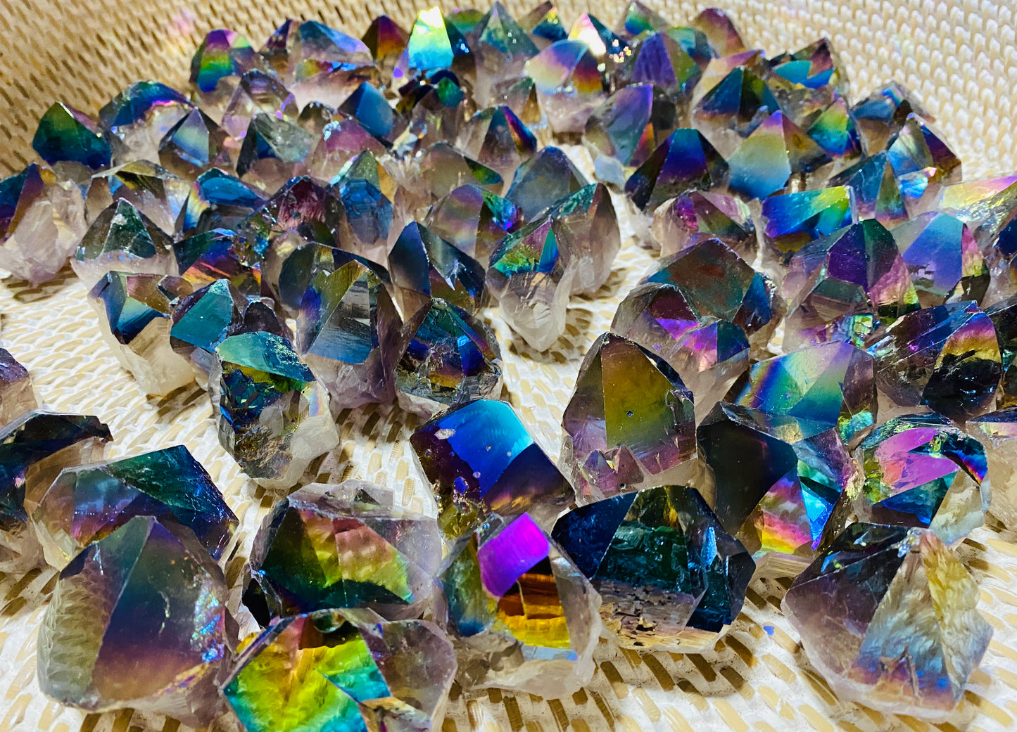Rainbow Aura Quartz Crystal Base Cut Points