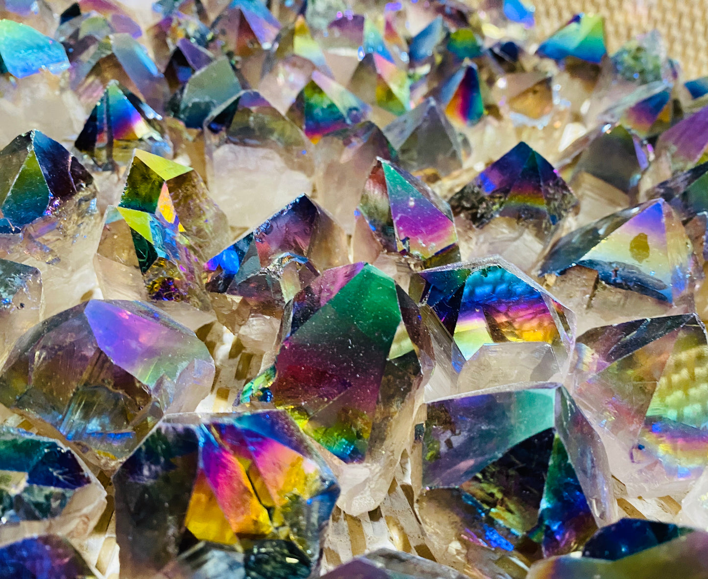 Rainbow Aura Quartz Crystal Base Cut Points