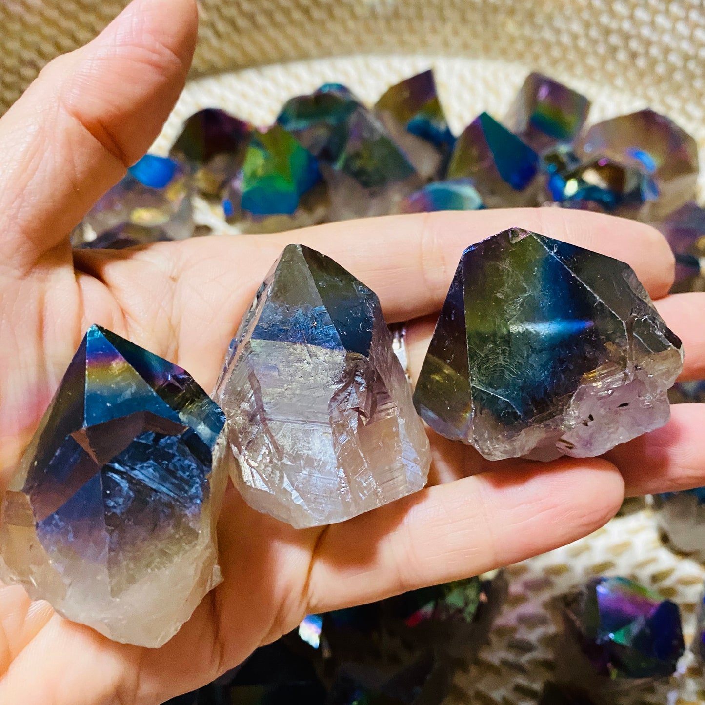Rainbow Aura Quartz Crystal Base Cut Points