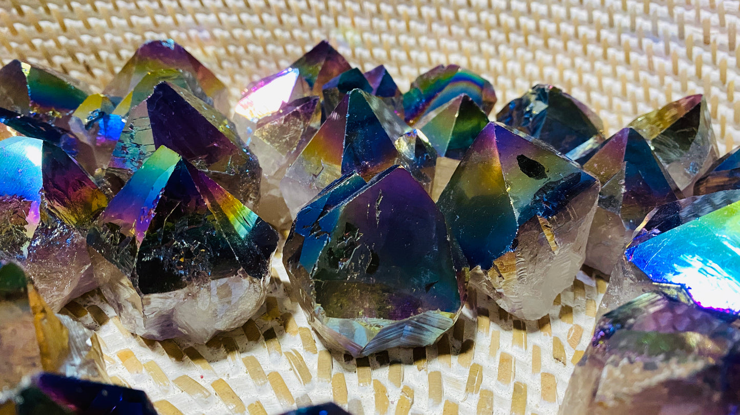 Rainbow Aura Quartz Crystal Base Cut Points