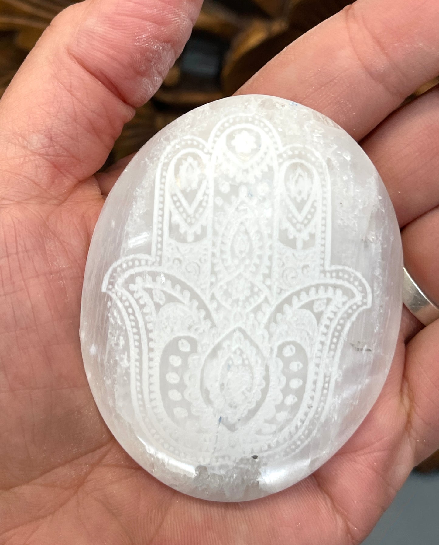 Selenite Hamsa Engraved Palm Stones