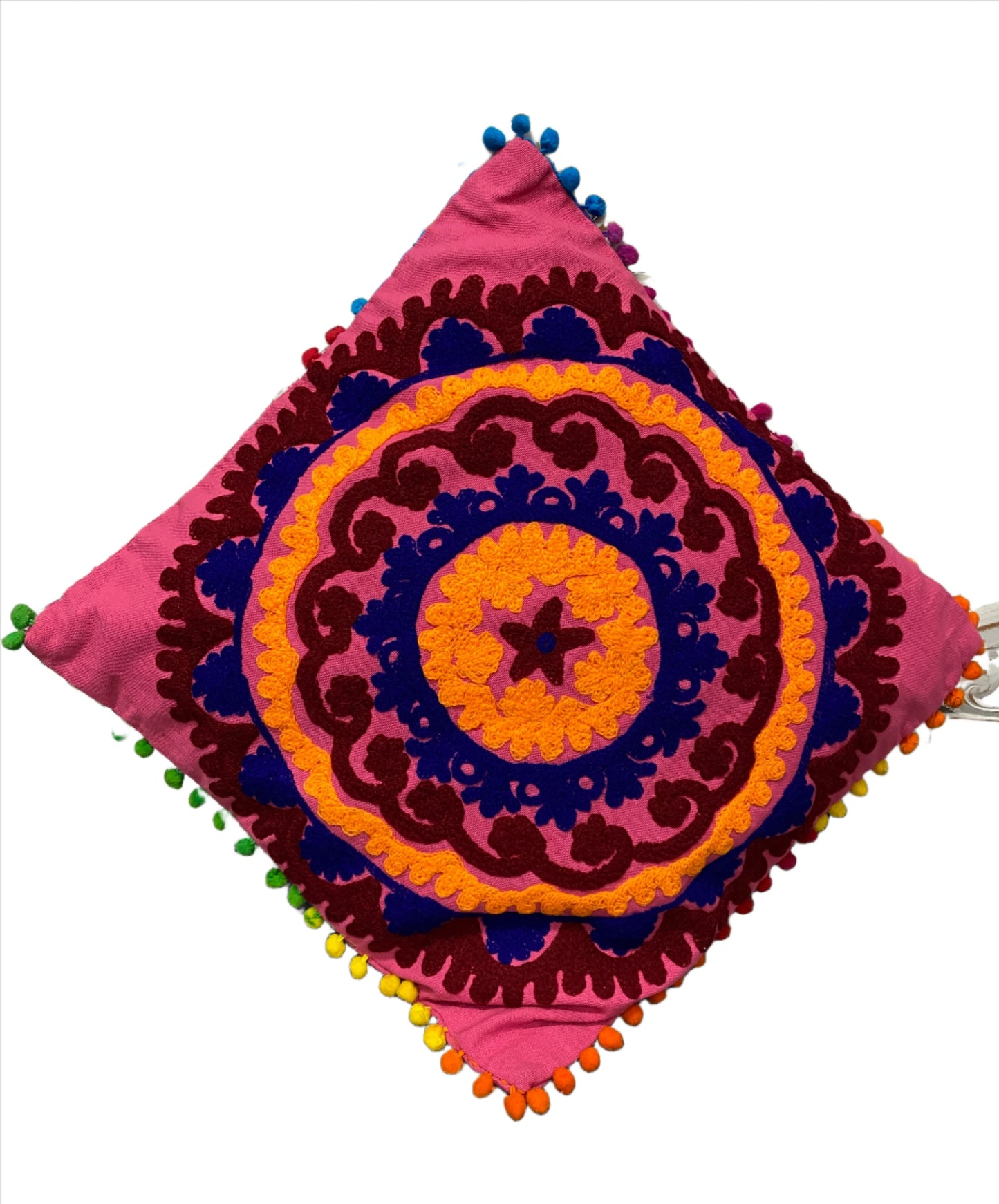 Kashmiri Style Embroidered Pillow Cases with Pom Pom Borders - 10 Colors