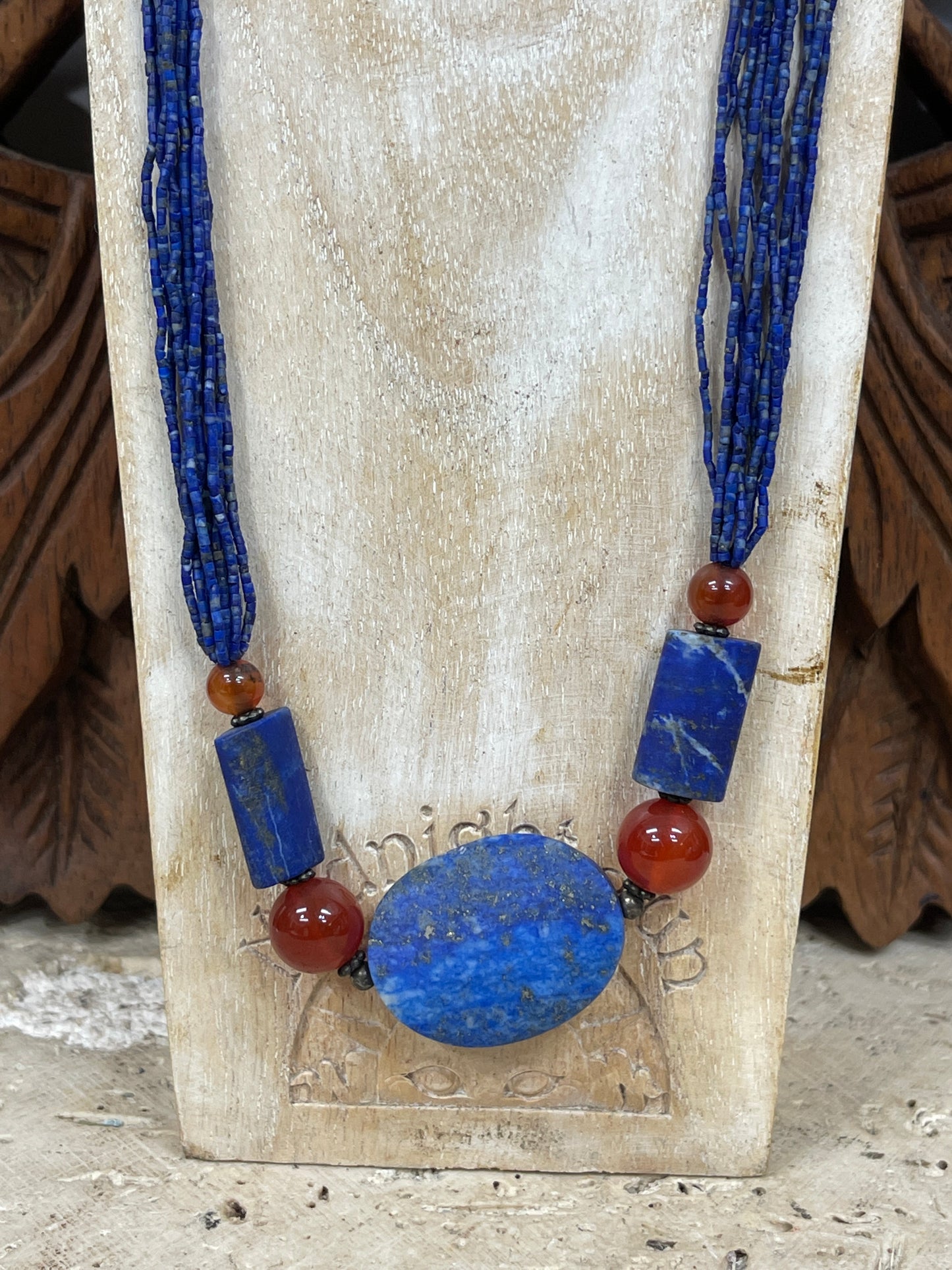 Multi Strand Lapis and Carnelian Necklace Adjustable Length