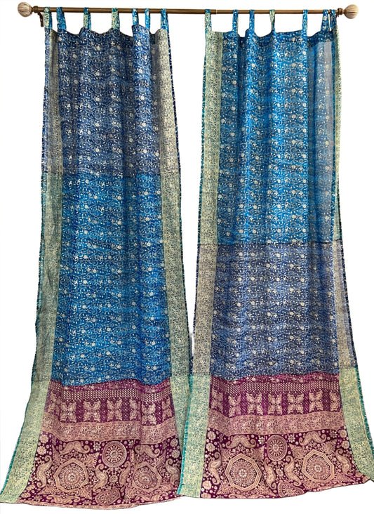 Tri Tones Blues Sari Curtain Panels