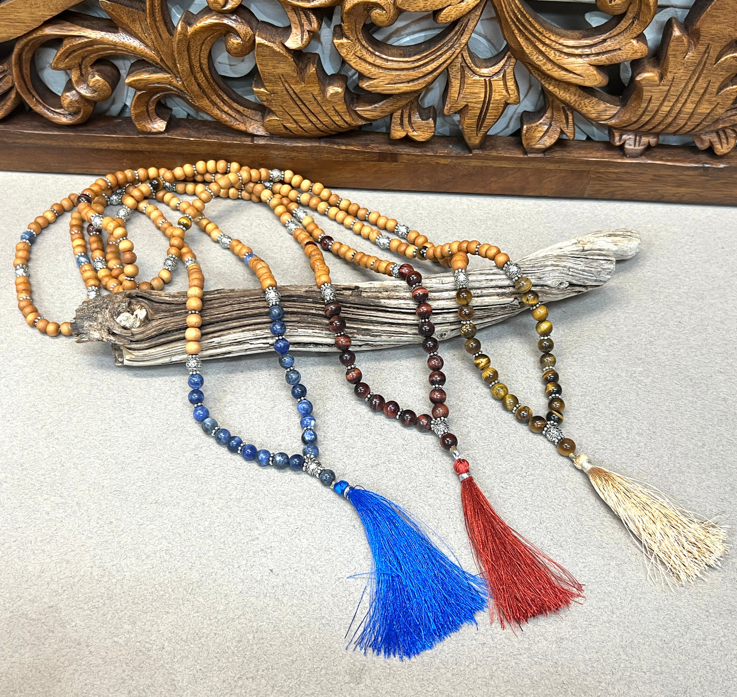 108 Bead Hand knotted Sandalwood & Gemstone Mala Necklaces