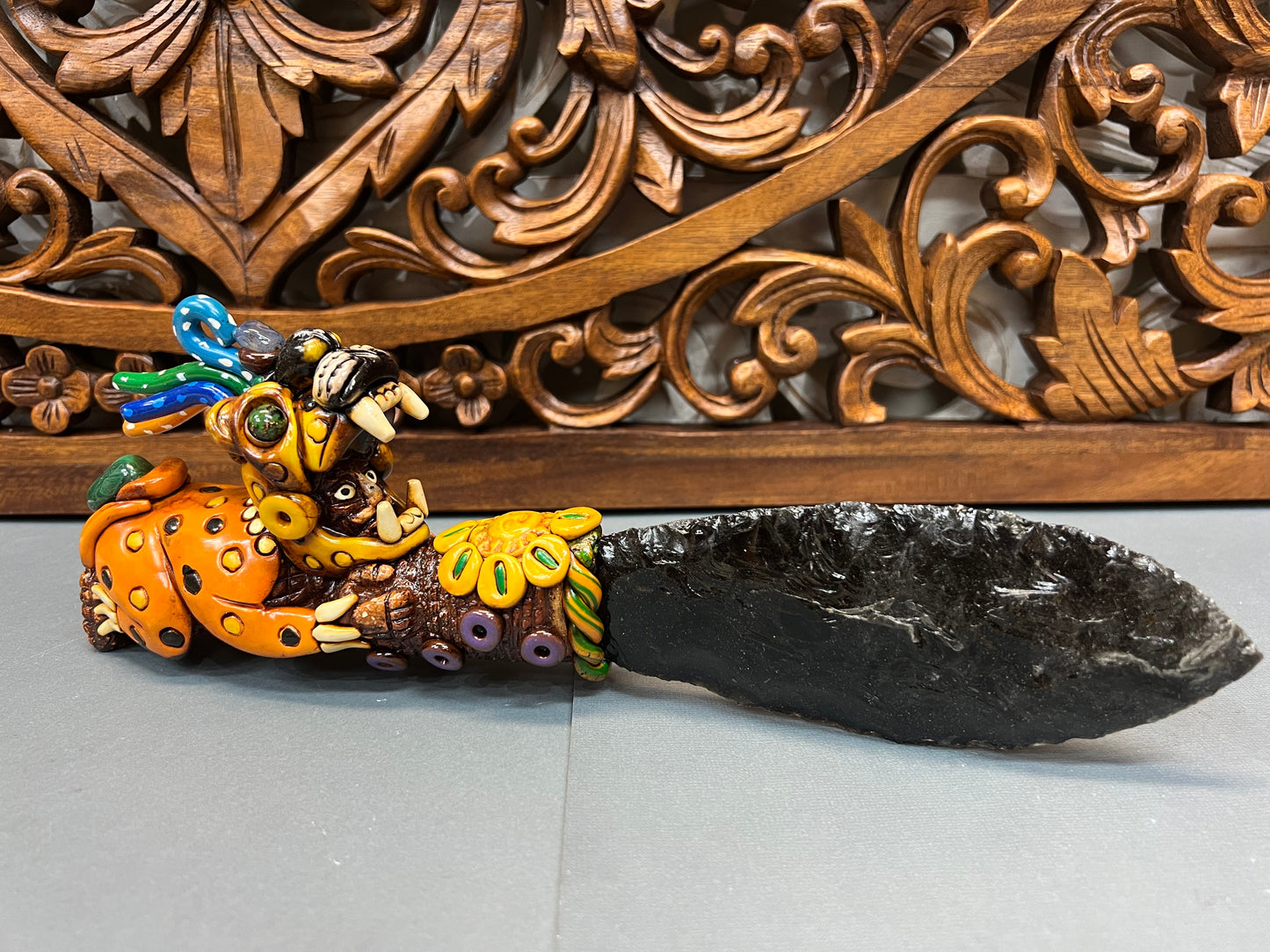 Decorative Aztec Tecpatl Obsidian Knives | XL Jaguar Warrior