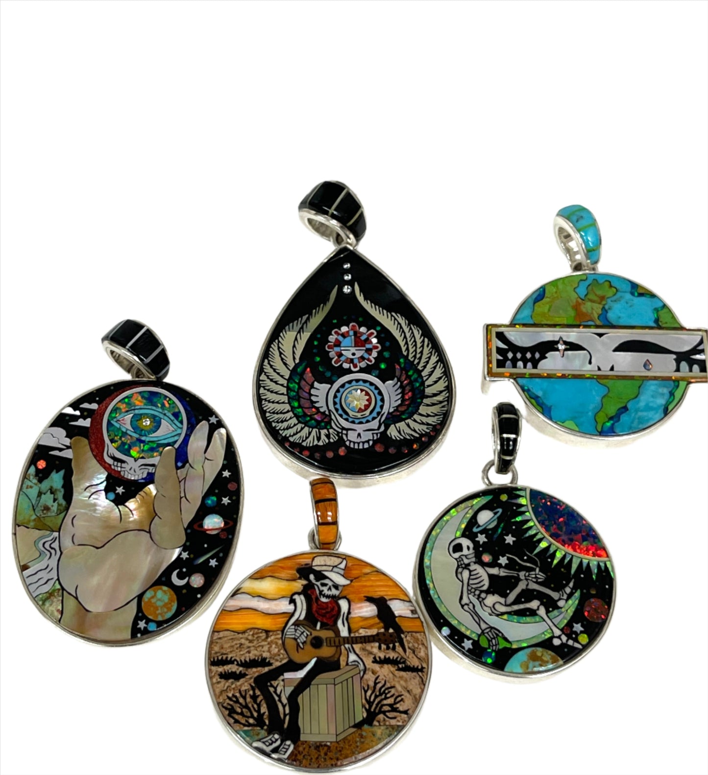 Inlaid Gemstone Grateful Dead Pendants by David Freeland