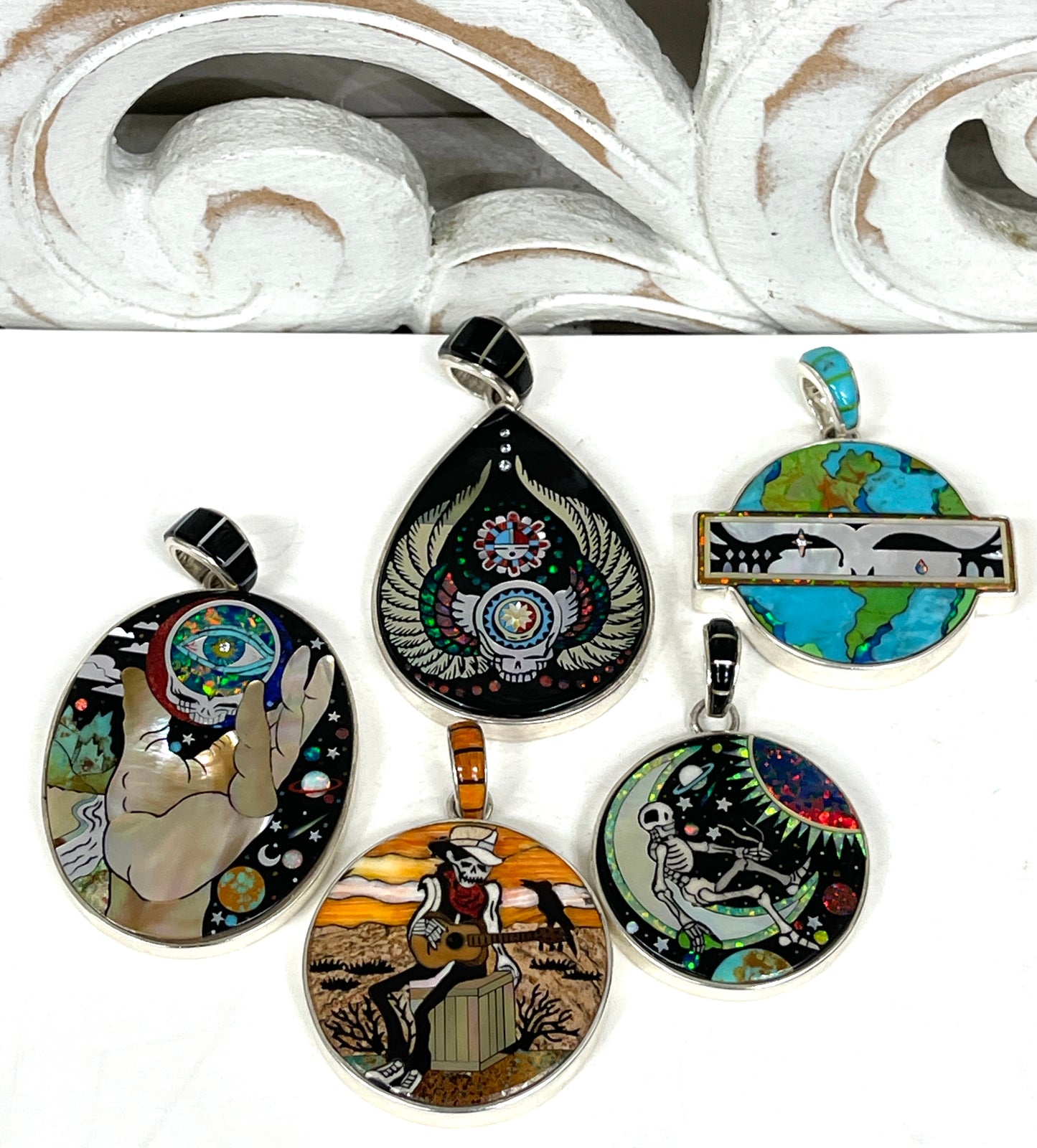 Inlaid Gemstone Grateful Dead Pendants by David Freeland