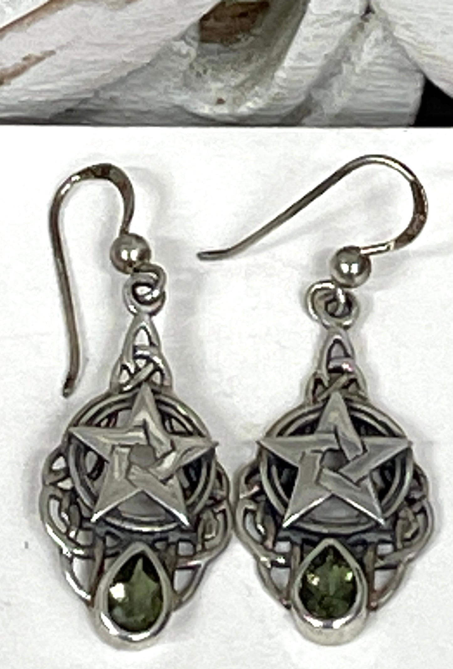 Sterling Silver Moldavite Pentacle Celtic Knot Earrings