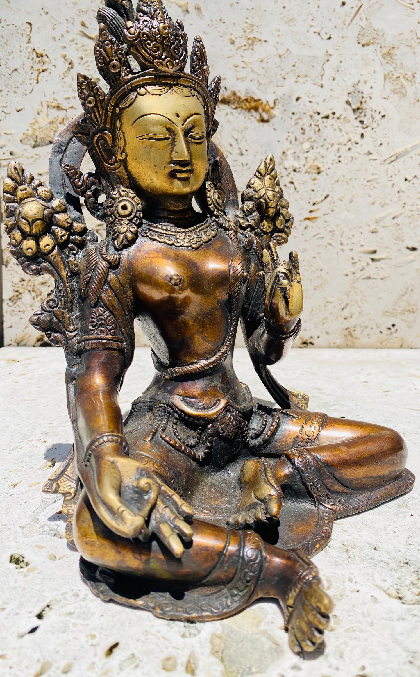 Hand Finished Brass Green Tara Statues - Goddess of Healing 27cm x 17cm