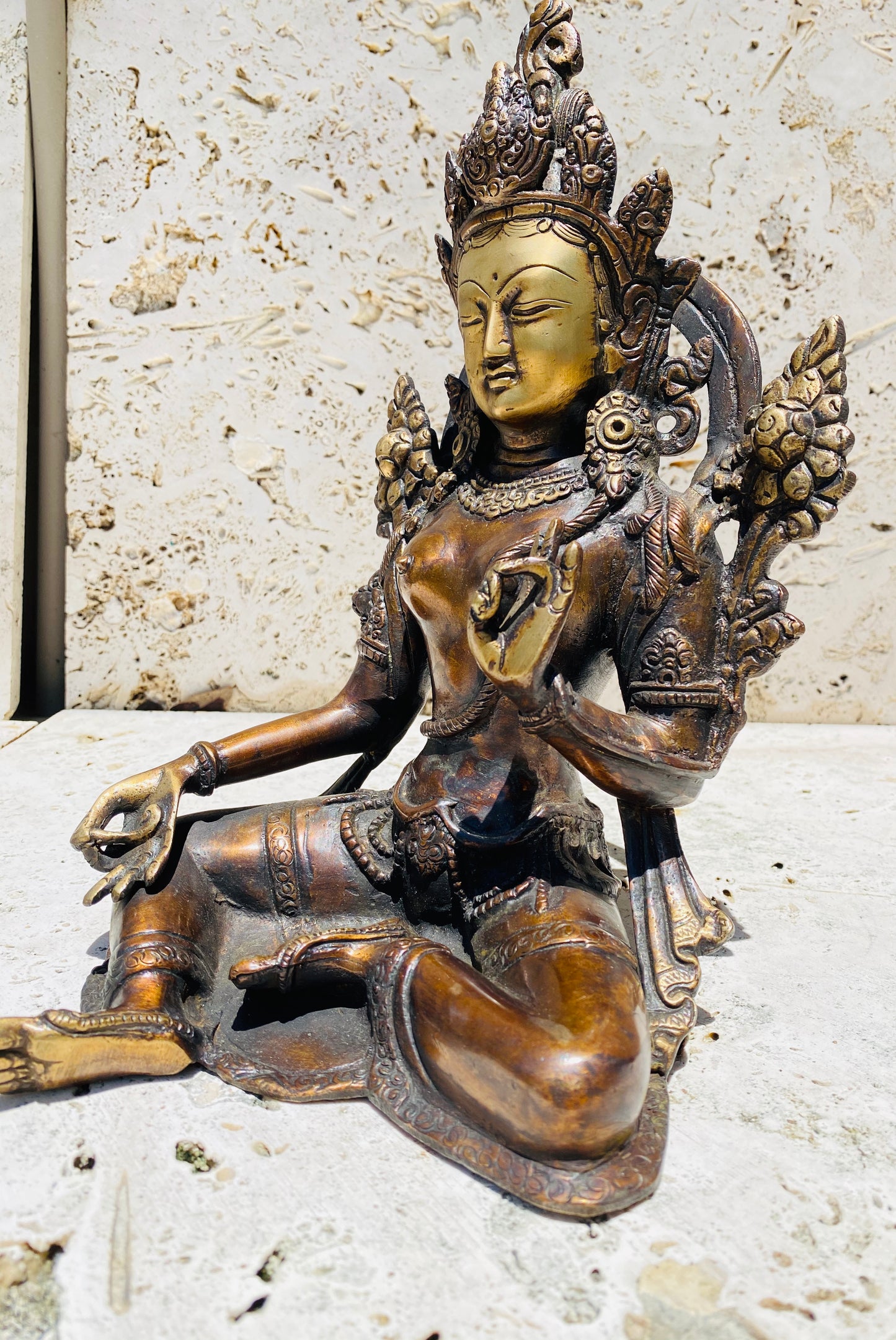 Hand Finished Brass Green Tara Statues - Goddess of Healing 27cm x 17cm