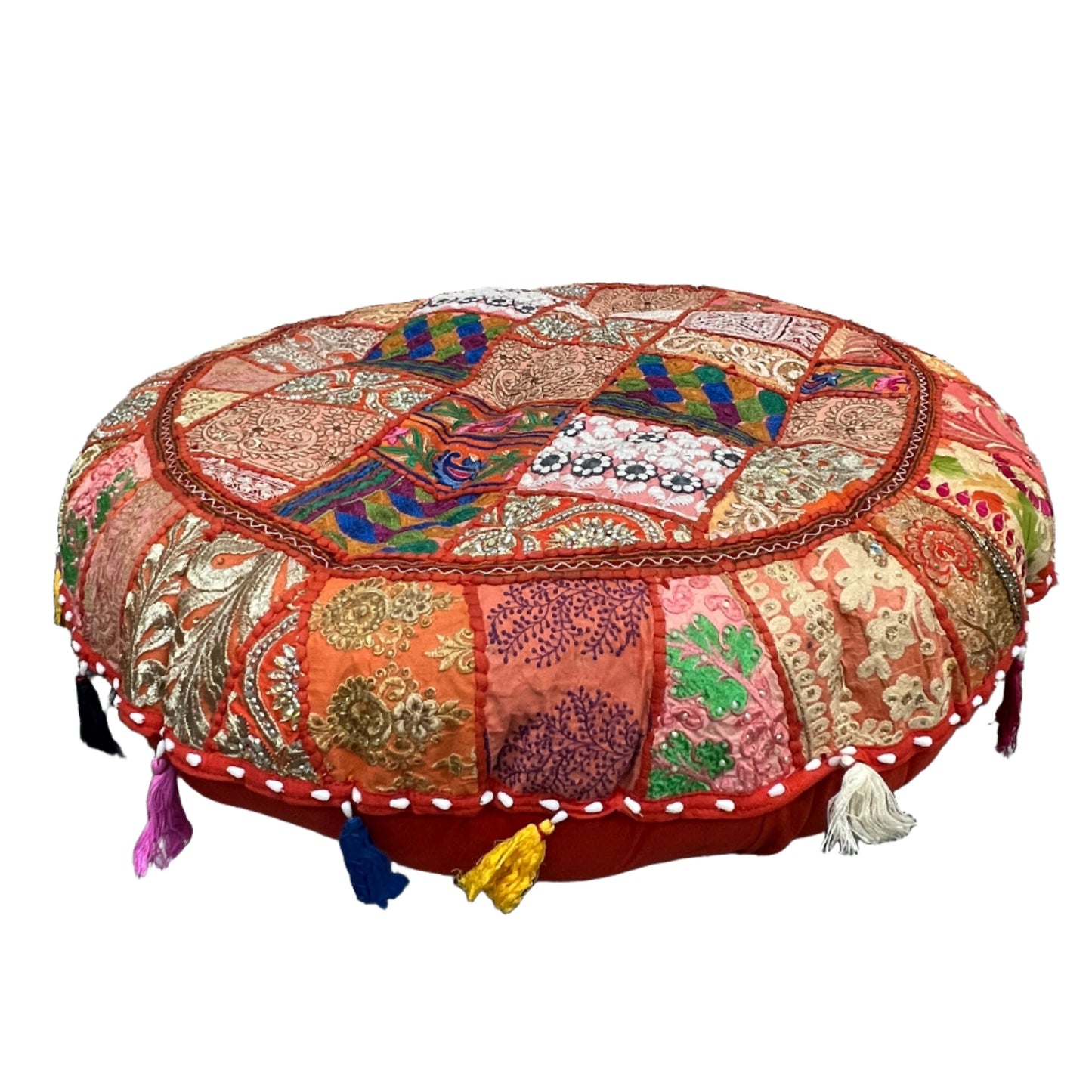 Large Round Embroidered Rajasthani Patchwork Floor Pillows