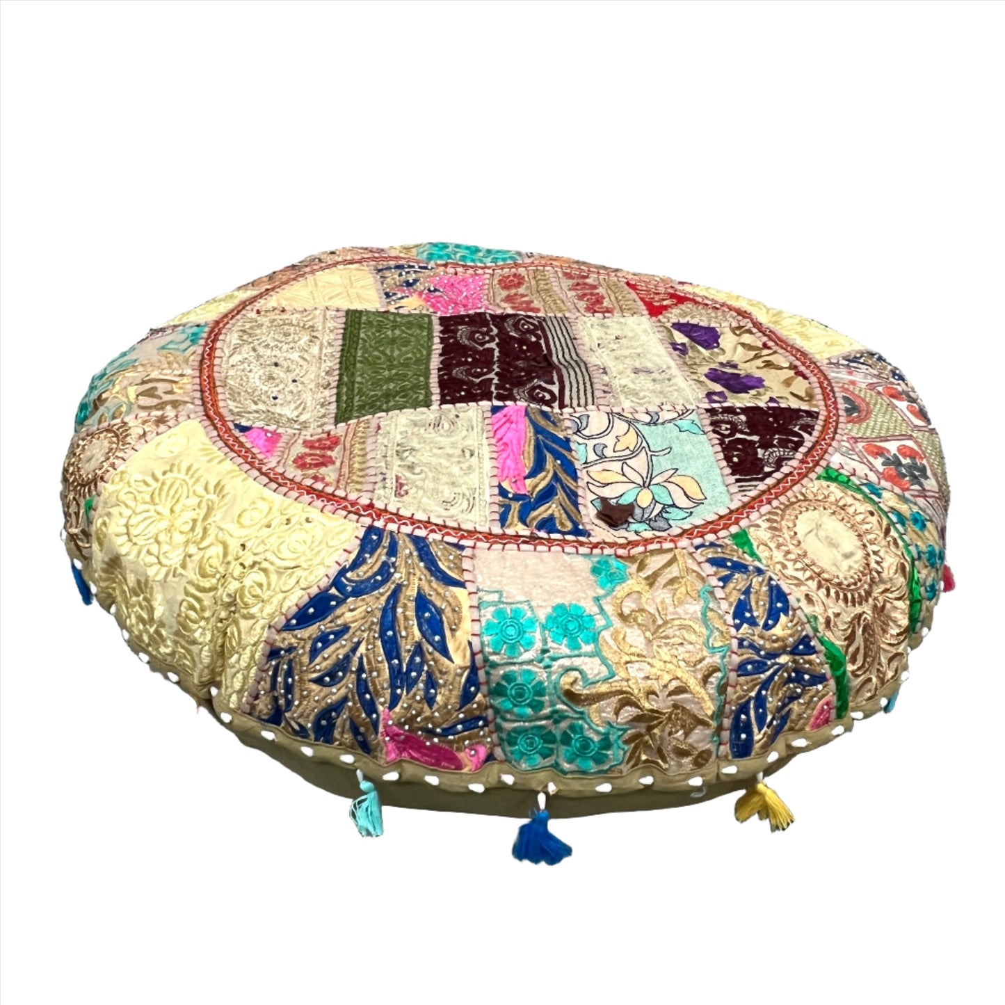 Large Round Embroidered Rajasthani Patchwork Floor Pillows