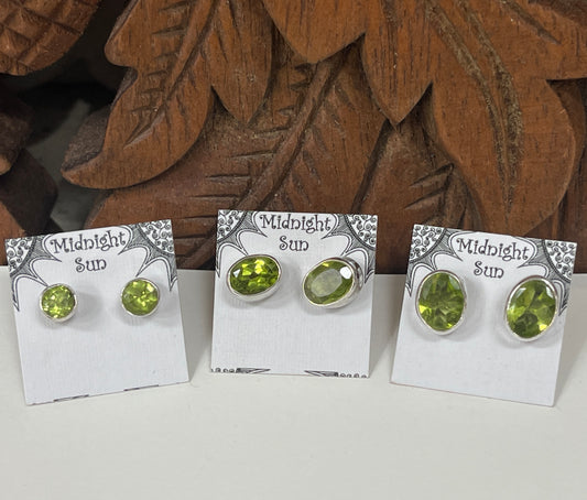 Peridot Sterling Silver Faceted Stud Earrings - 3 sizes Available