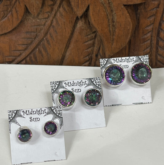 Mystic Topaz Round Faceted Stud Sterling Silver Earrings- 4 Sizes Available