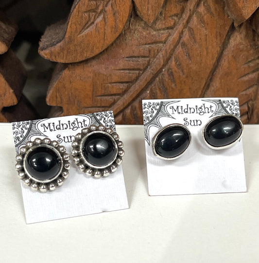 Black Onyx Sterling Silver Stud Earrings - 2 sizes Available