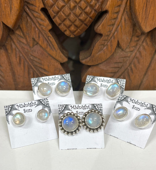 Moonstone Sterling Silver Stud Earrings - 5 Sizes Available