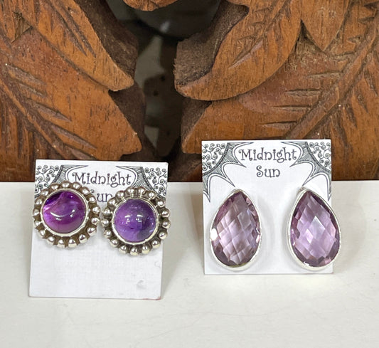 Amethyst Sterling Silver Stud Earrings - 2 Sizes Available