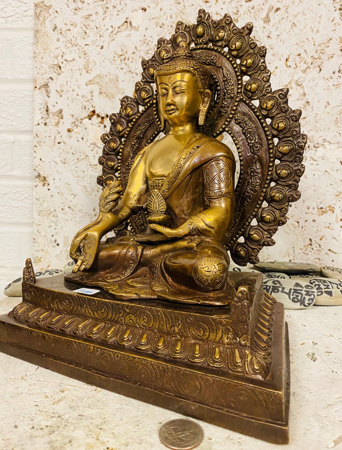 Hand Finished Brass Medicine Buddha or Abhaya Buddha Statue - 29cm x 24cm