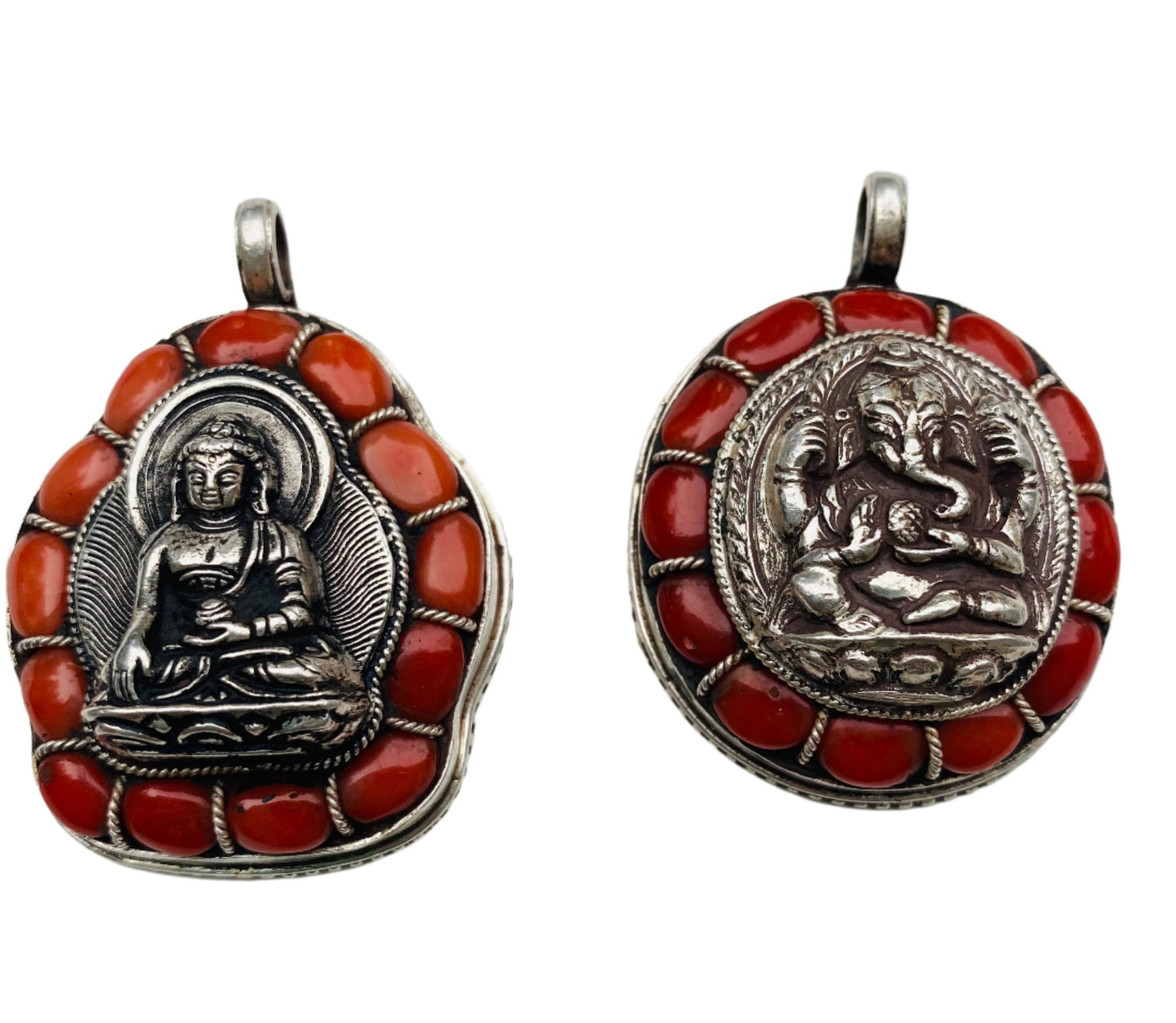 Tibetan Buddhist Gau Pendant in Red Coralwith Ganesh or Buddha