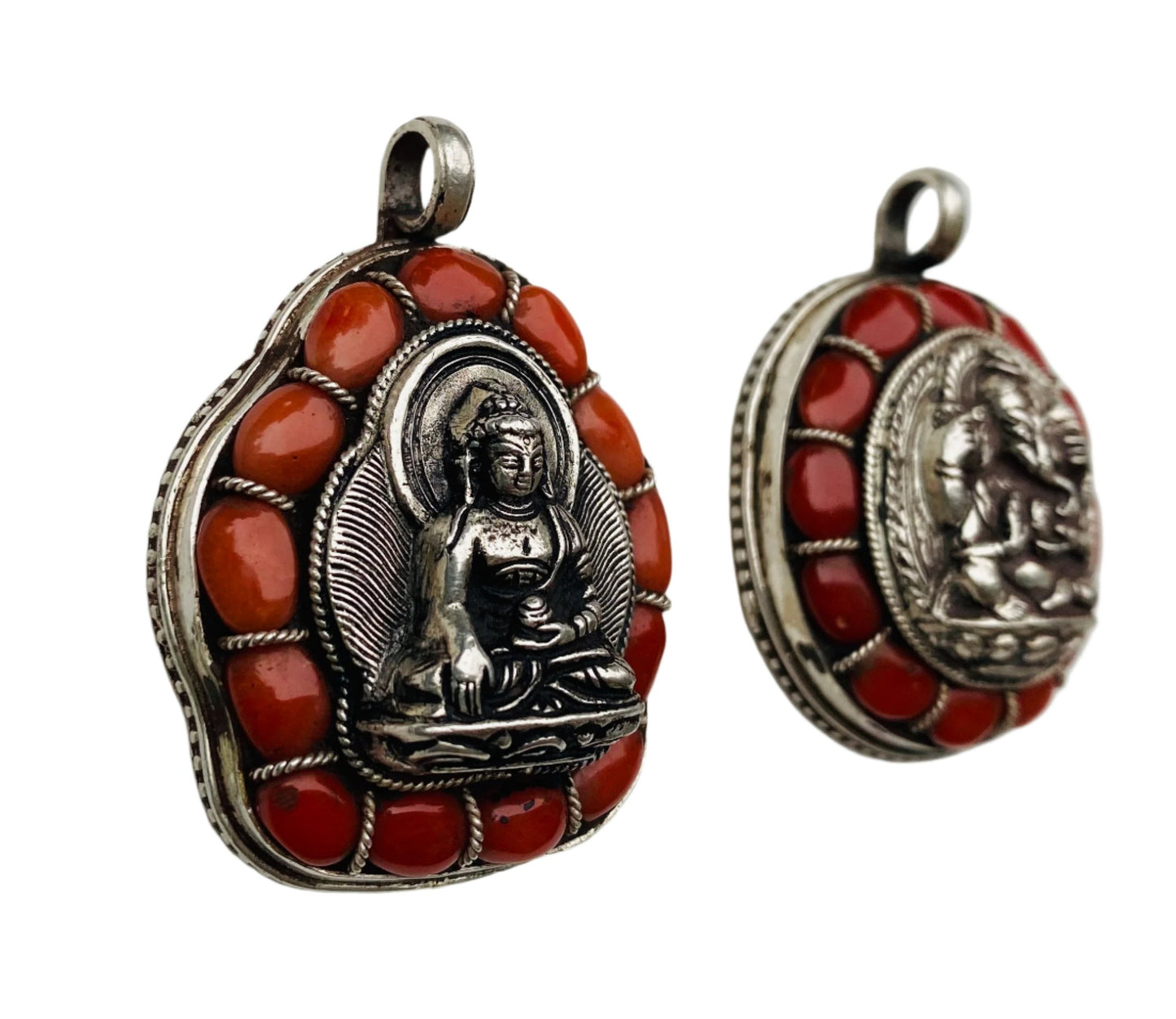 Tibetan Buddhist Gau Pendant in Red Coralwith Ganesh or Buddha