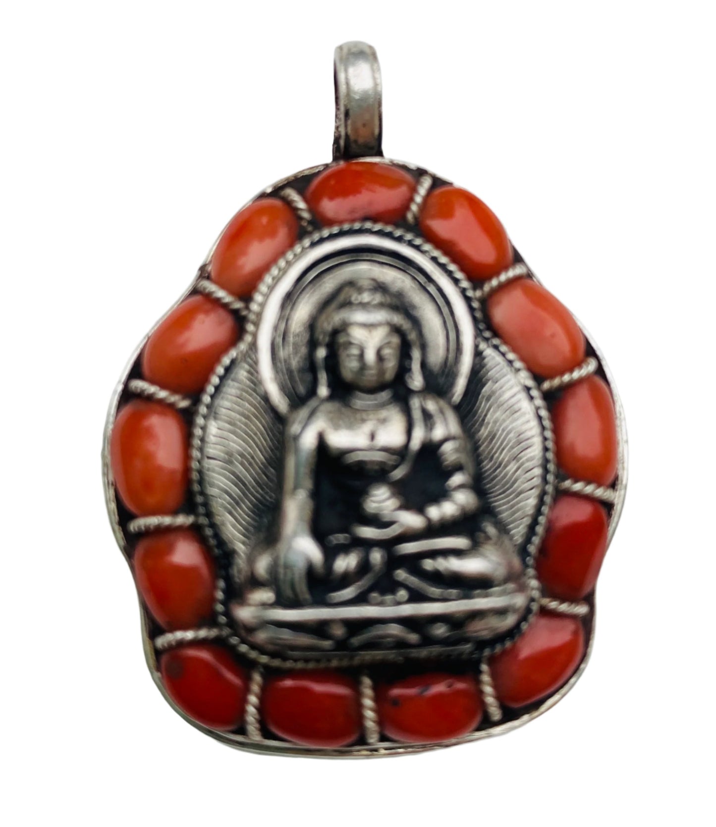 Tibetan Buddhist Gau Pendant in Red Coralwith Ganesh or Buddha