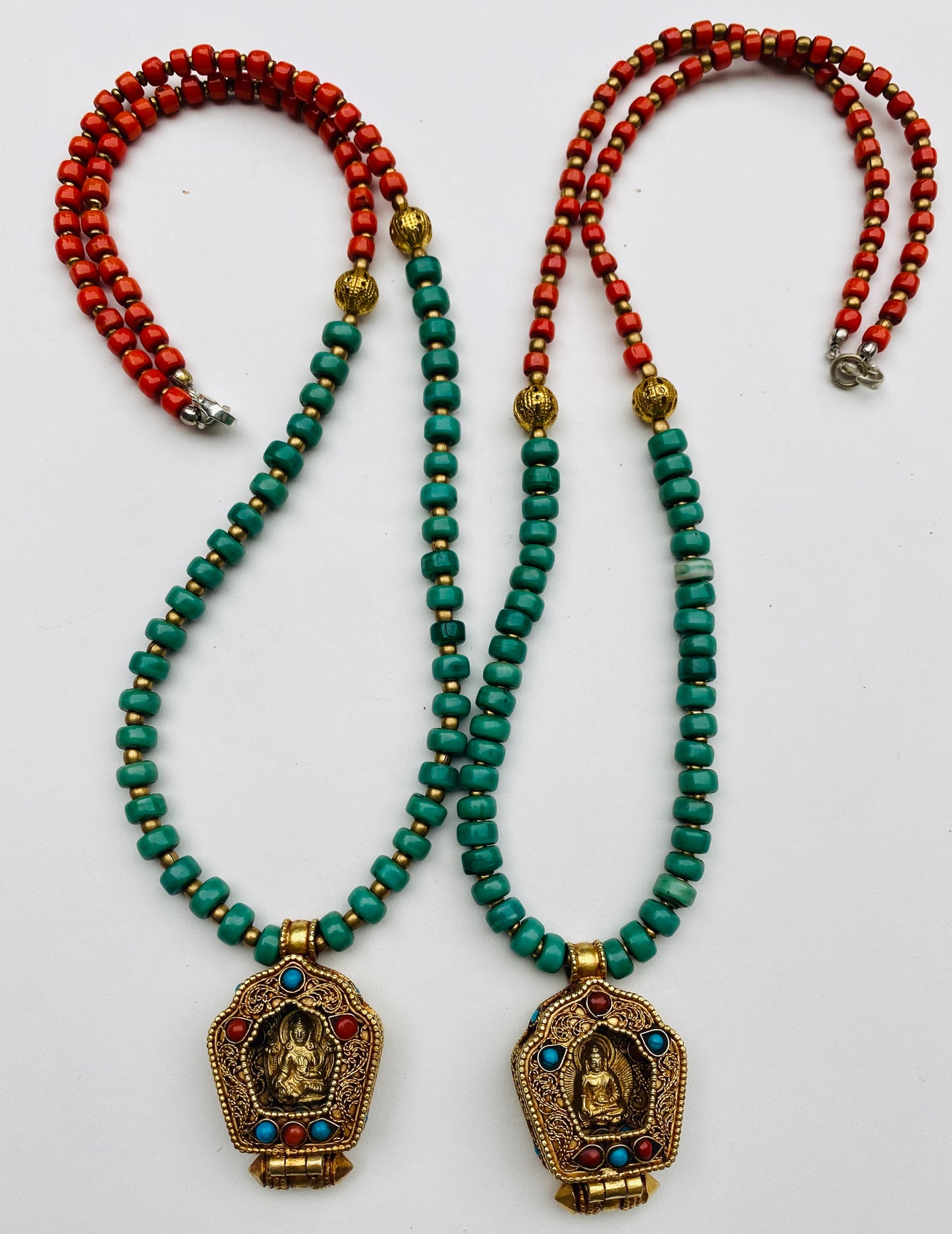Tibetan Buddhist Gau Box Pendant Buddha or Green Tara on Turquoise and Coral necklace