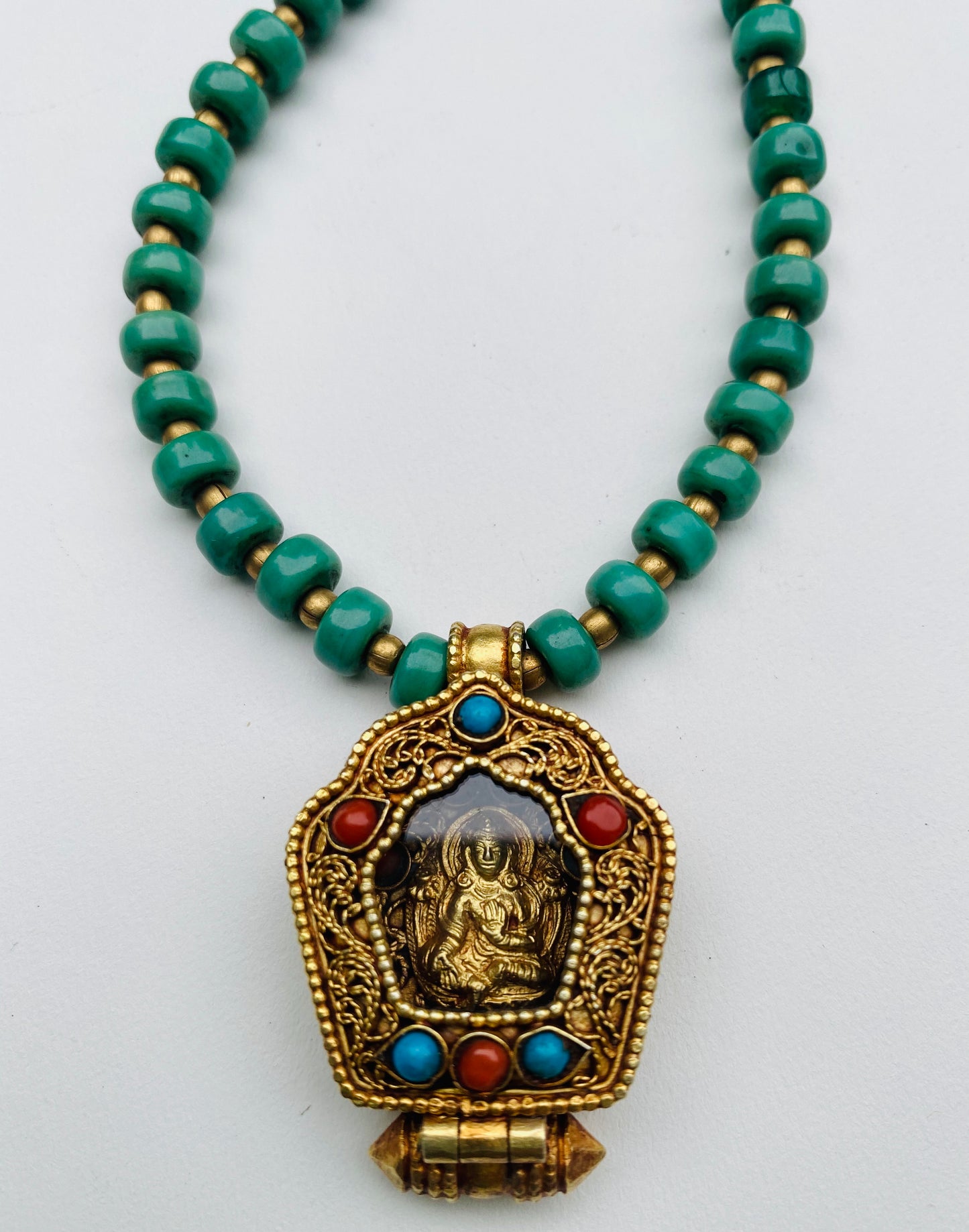 Tibetan Buddhist Gau Box Pendant Buddha or Green Tara on Turquoise and Coral necklace