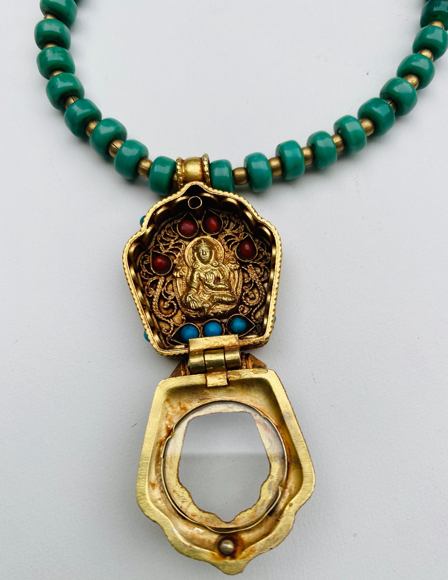 Tibetan Buddhist Gau Box Pendant Buddha or Green Tara on Turquoise and Coral necklace