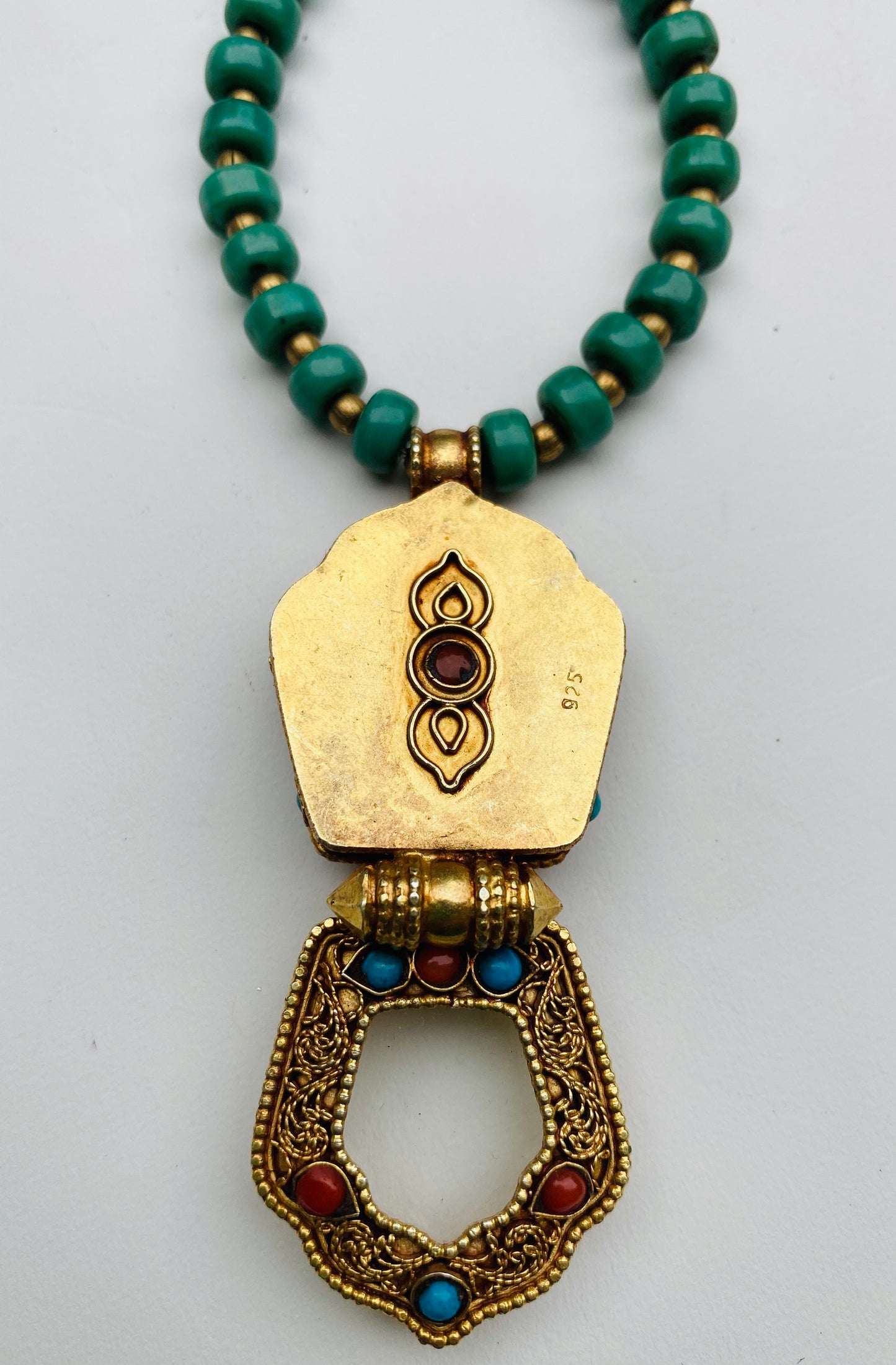 Tibetan Buddhist Gau Box Pendant Buddha or Green Tara on Turquoise and Coral necklace